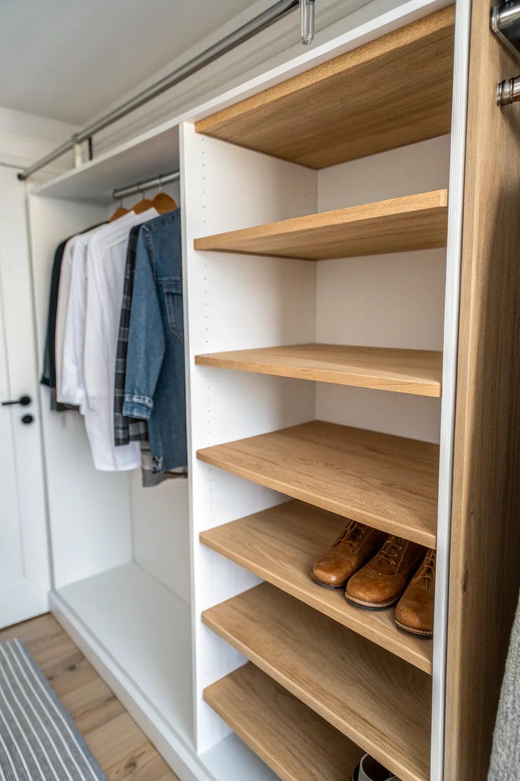 Add a second top shelf to your reach-in closet—double the space for bins and folded denim.