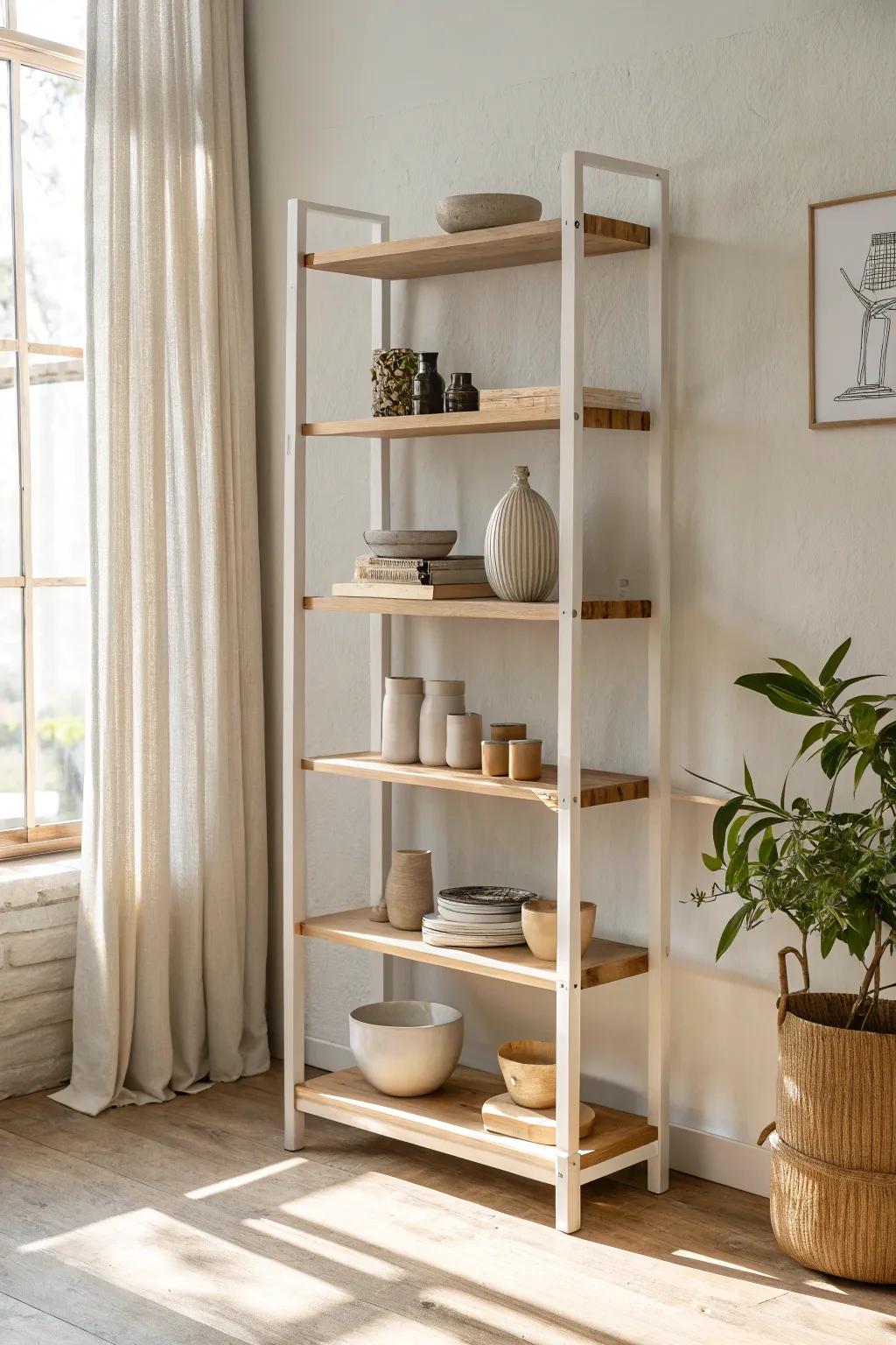 Open, airy shelving that feels premium—minimal pieces, natural textures, and room to breathe.