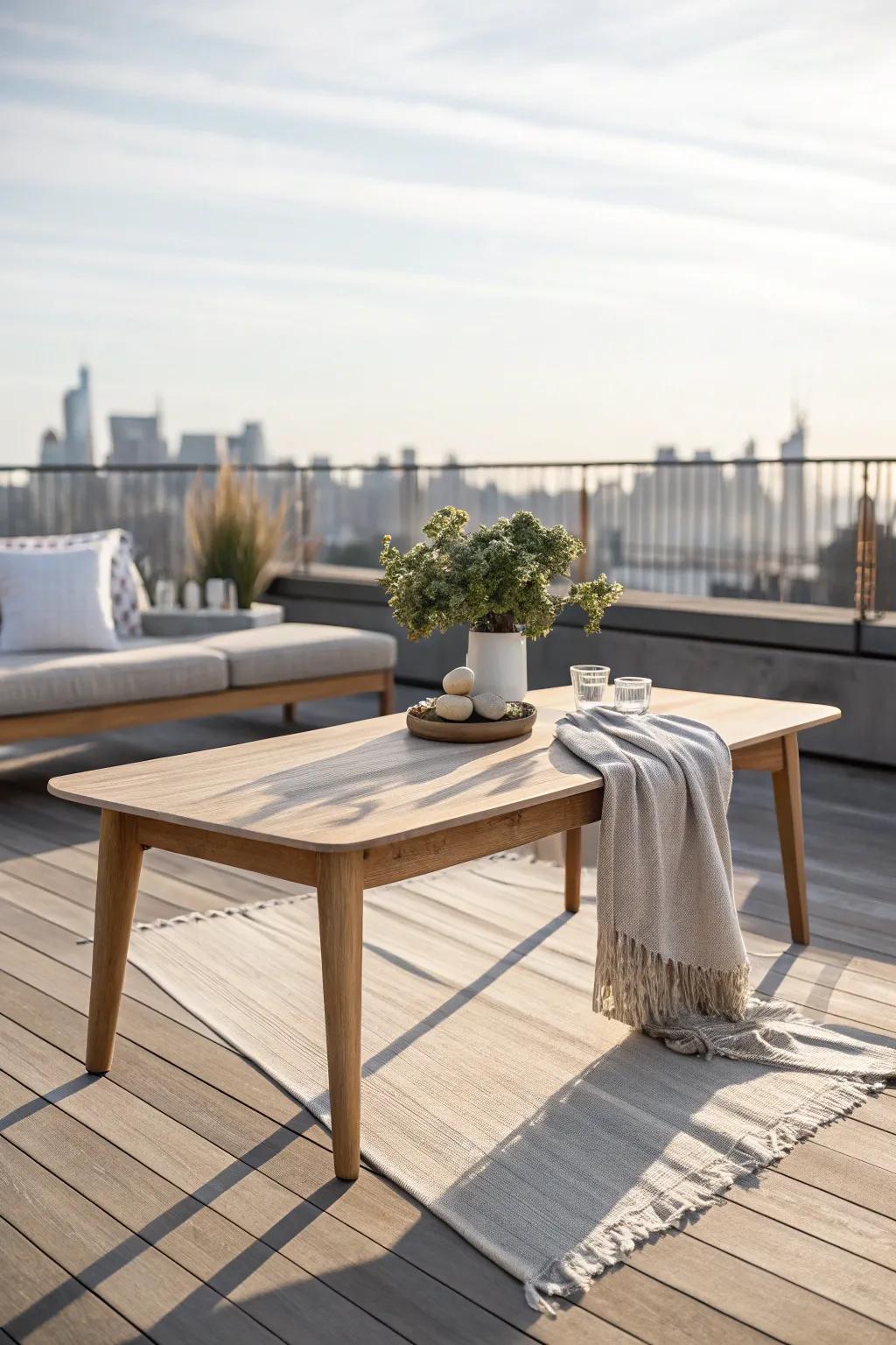 A slim rooftop coffee table keeps small decks lounge-ready—style it light for big impact.