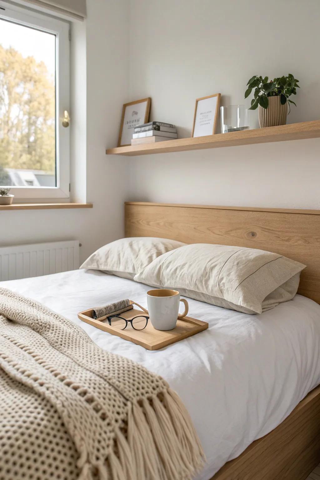 A floating shelf headboard ledge adds bedside function without stealing floor space.