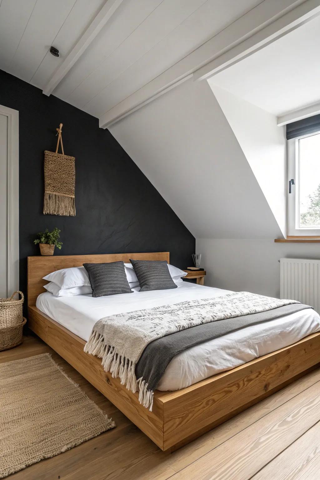 One deep charcoal accent wall anchors the bed and adds a moody, intentional vibe.