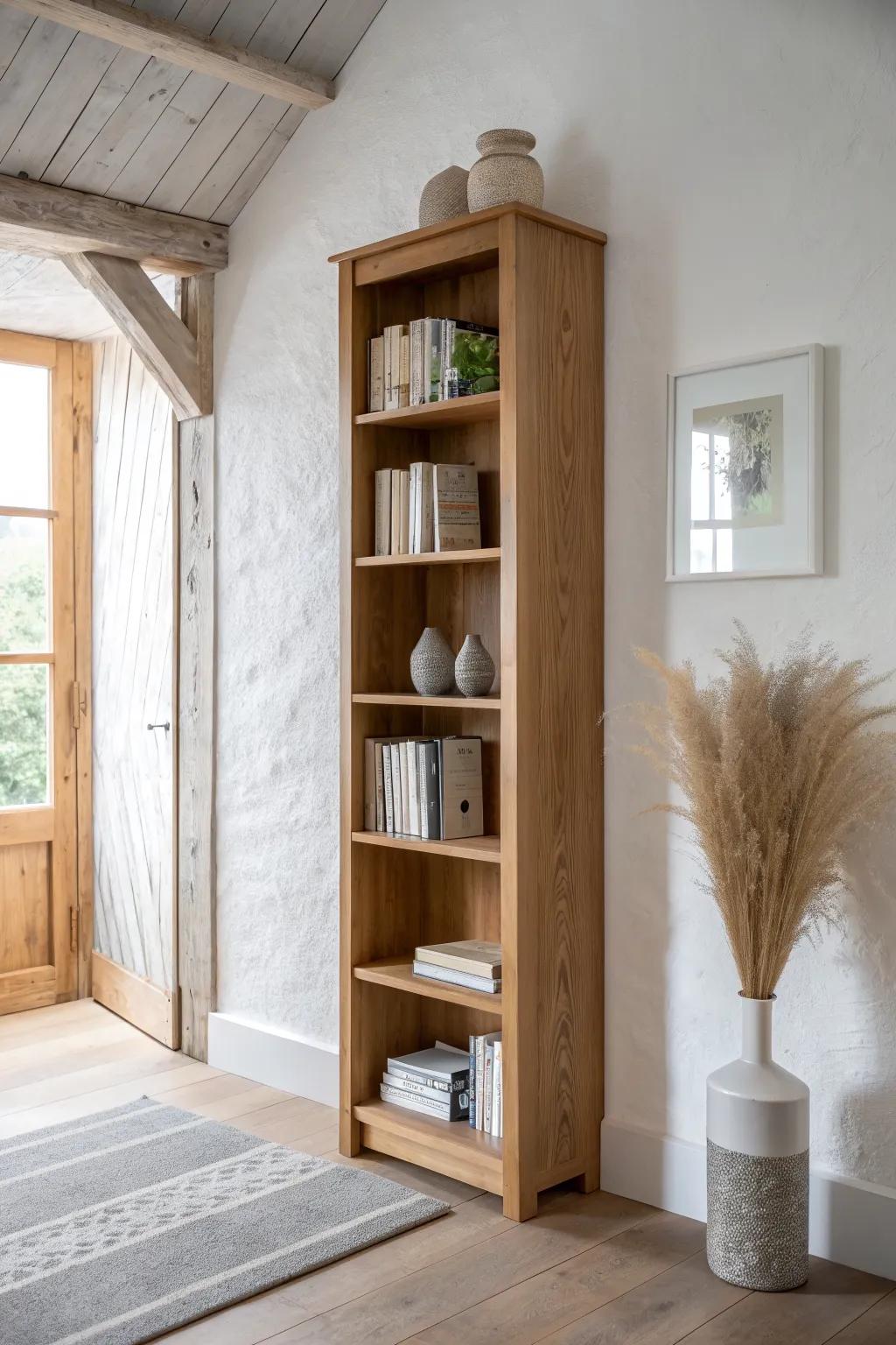 Turn a narrow hallway into a mini library with shallow shelves that feel airy, not cramped.