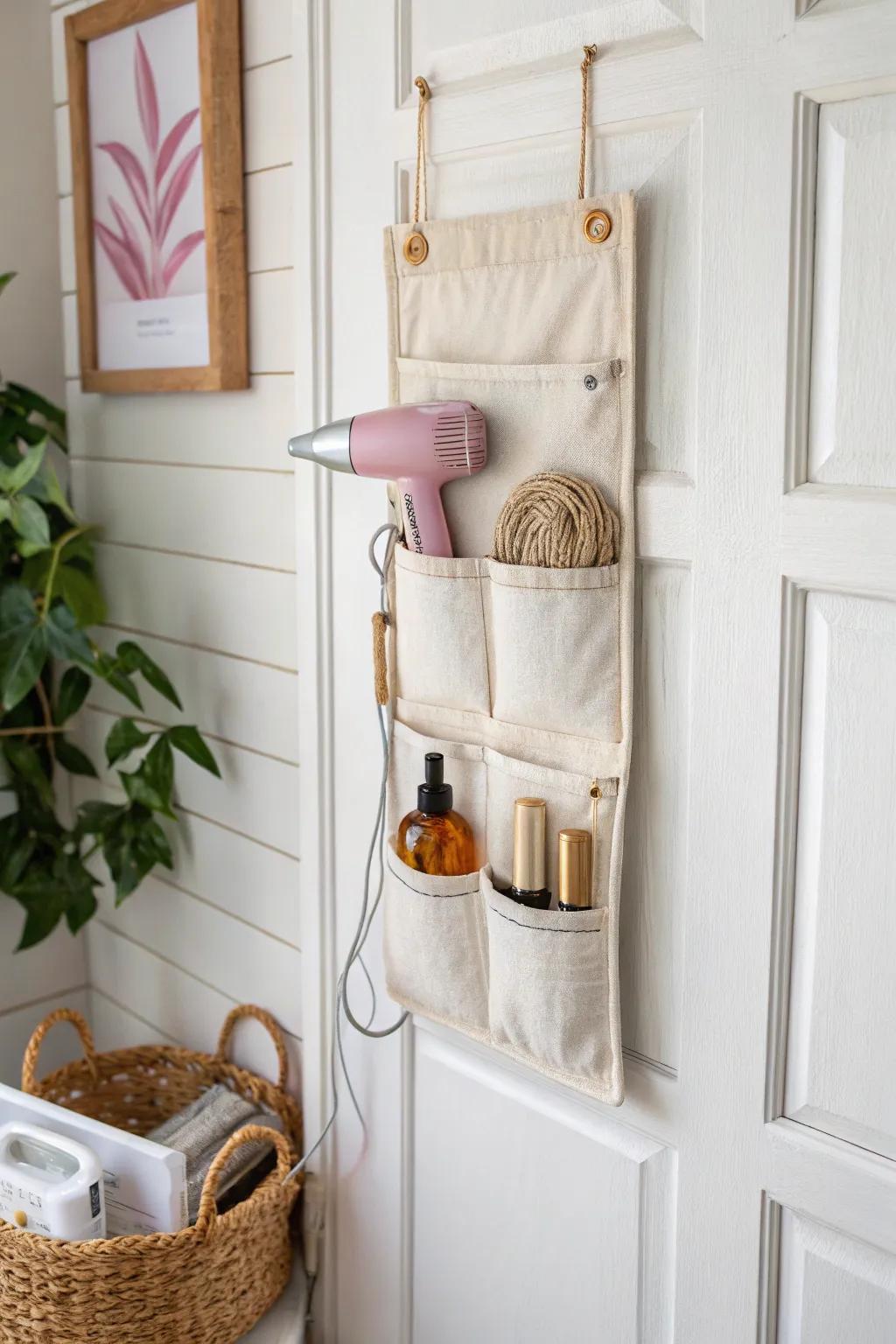 Turn any door into hidden storage—soft canvas pockets for hair tools, chargers, and extras.
