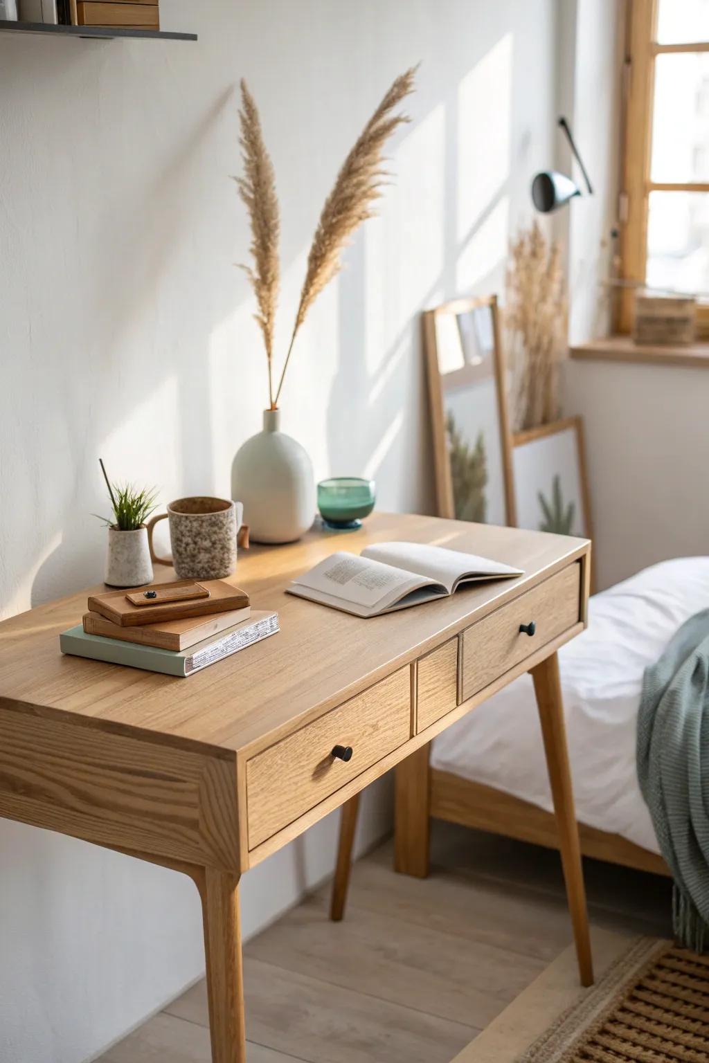 Go ultra-slim: a wall desk opposite the queen bed keeps walkways open and the room airy.
