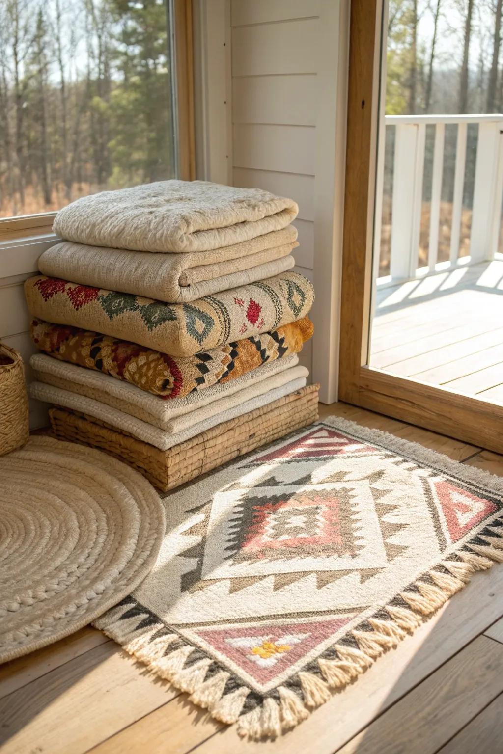 Layer a chunky jute rug with a petite patterned topper for instant cozy sunroom texture.