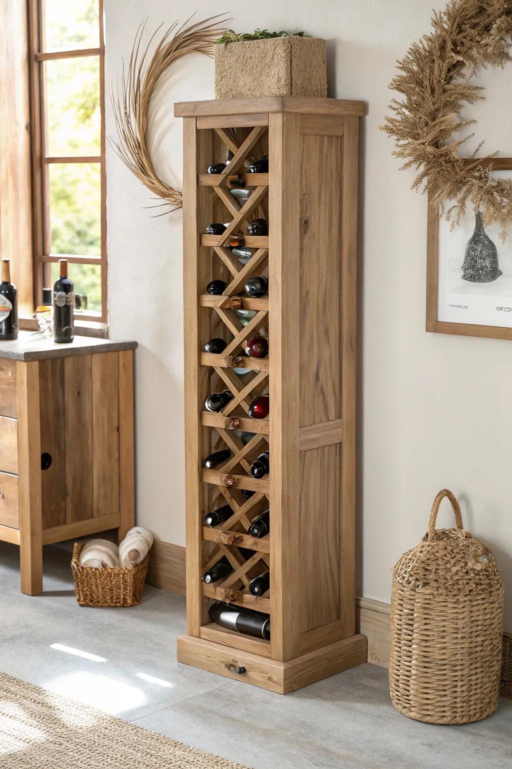 Floor-to-ceiling wood racking turns a tight closet into a rustic, vintage-style mini cellar.