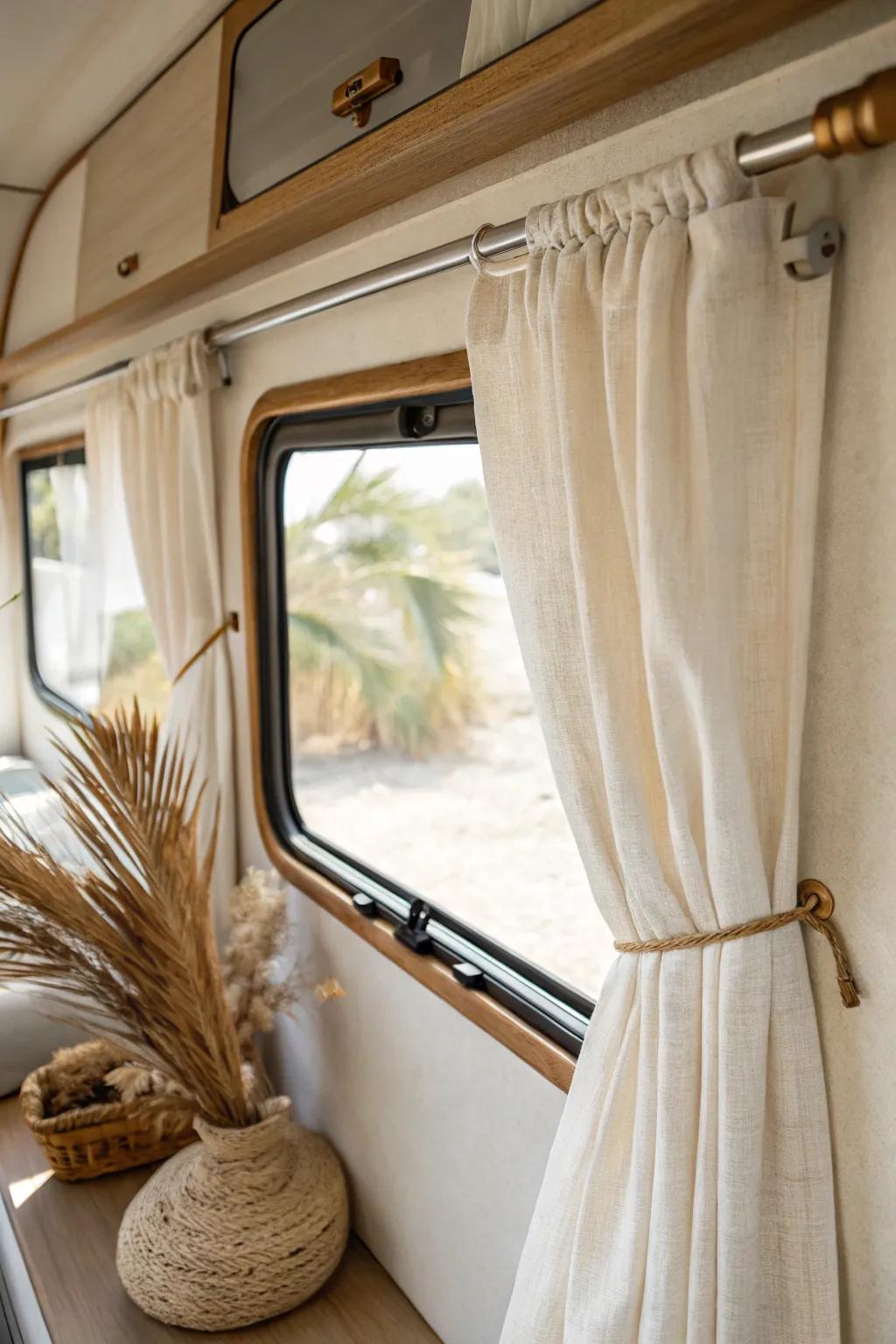 Linen-look curtains soften RV windows and make the space feel taller, brighter, and finished.