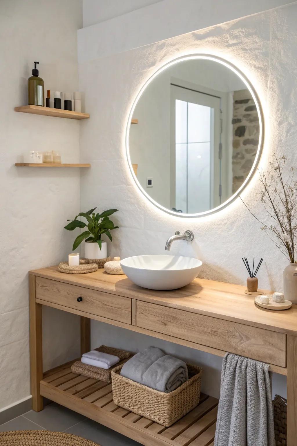 A round backlit mirror adds a luxe glow and frees up counter space in a small salon.