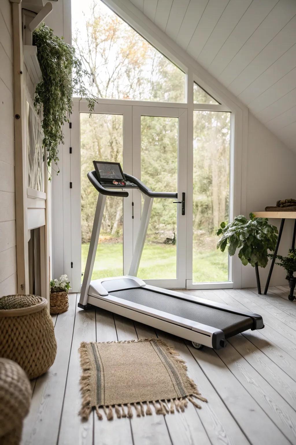 A bright cardio corner by the door—fresh air, natural light, and a tiny shed gym that feels open.