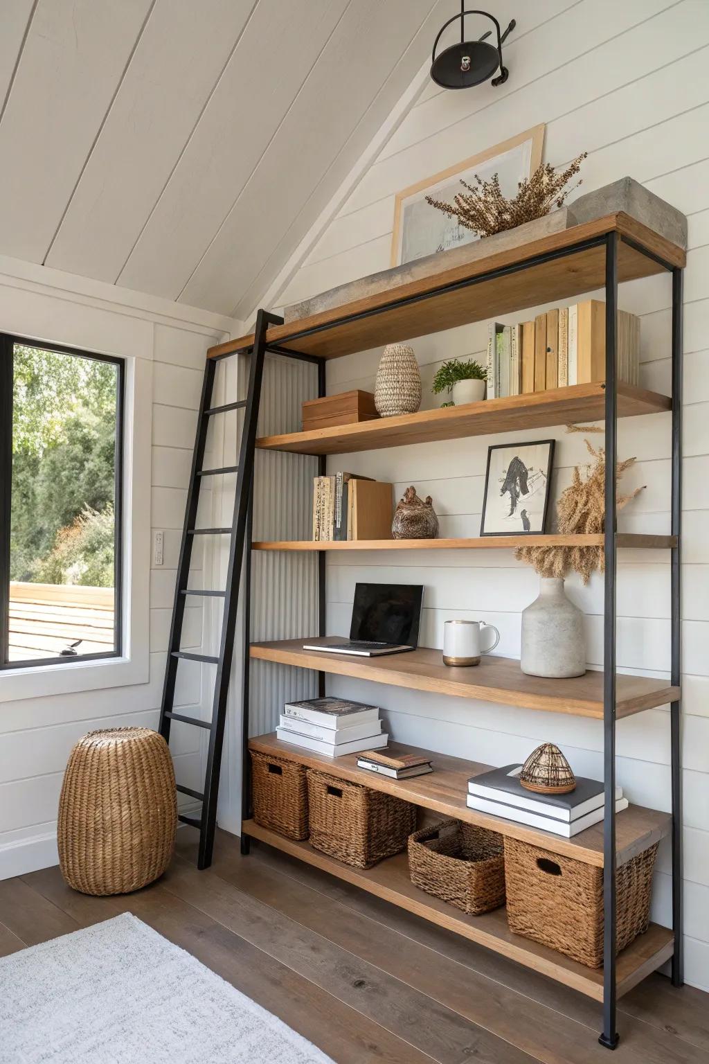 Install floor-to-ceiling shelving for a chic “library wall” that elevates a tiny shed office.