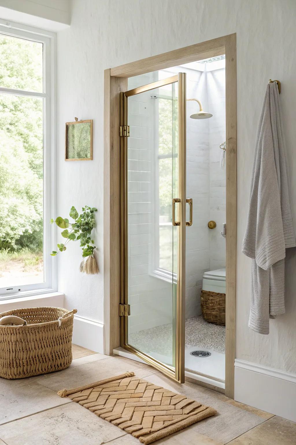 Compact pivot shower door in brass and glass—space-saving style for tiny bathrooms.