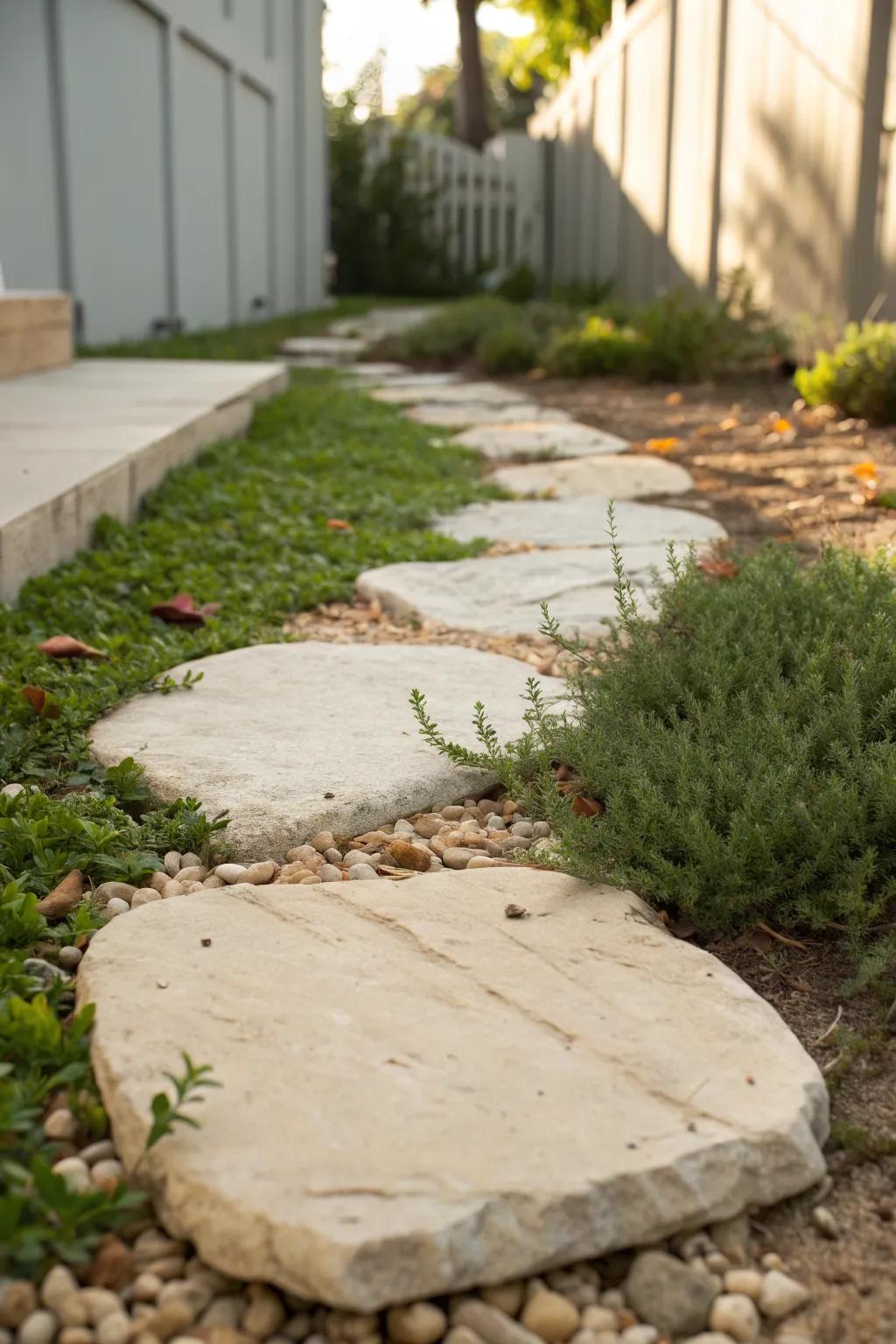 Oversized stepping stone with lush green gaps—an airy, modern side yard patio detail.