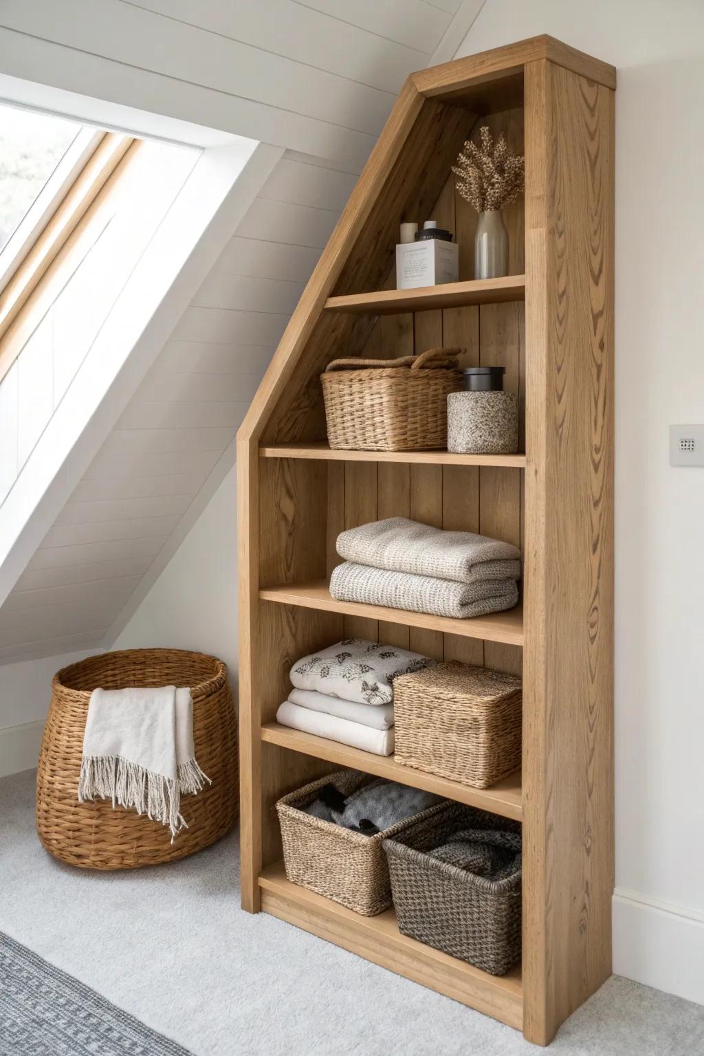 Custom shelves trimmed to the slope—turn attic “triangle” space into chic off-season storage.