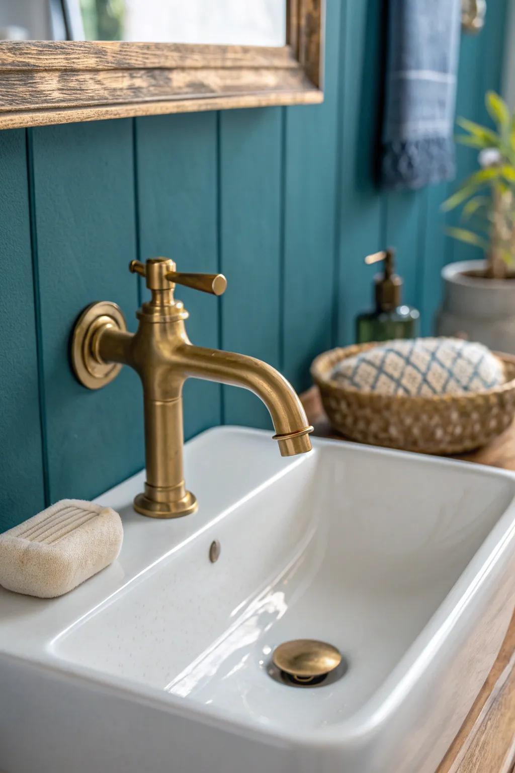 Warm brushed brass against deep teal—tiny hardware swap, instantly richer small-bath look.