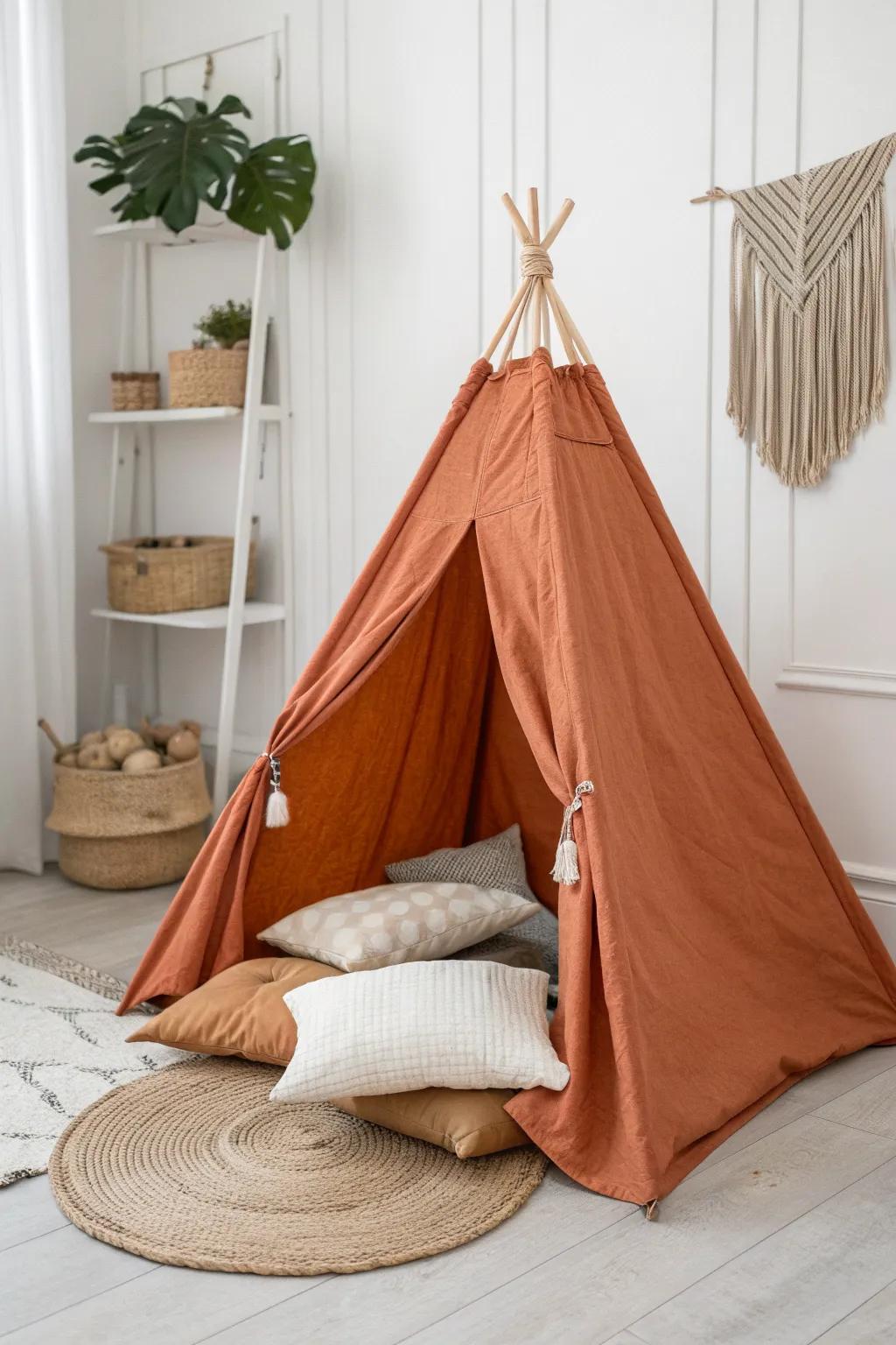 Two colors + one neutral turn a small home tent corner into a calm, curated nook.