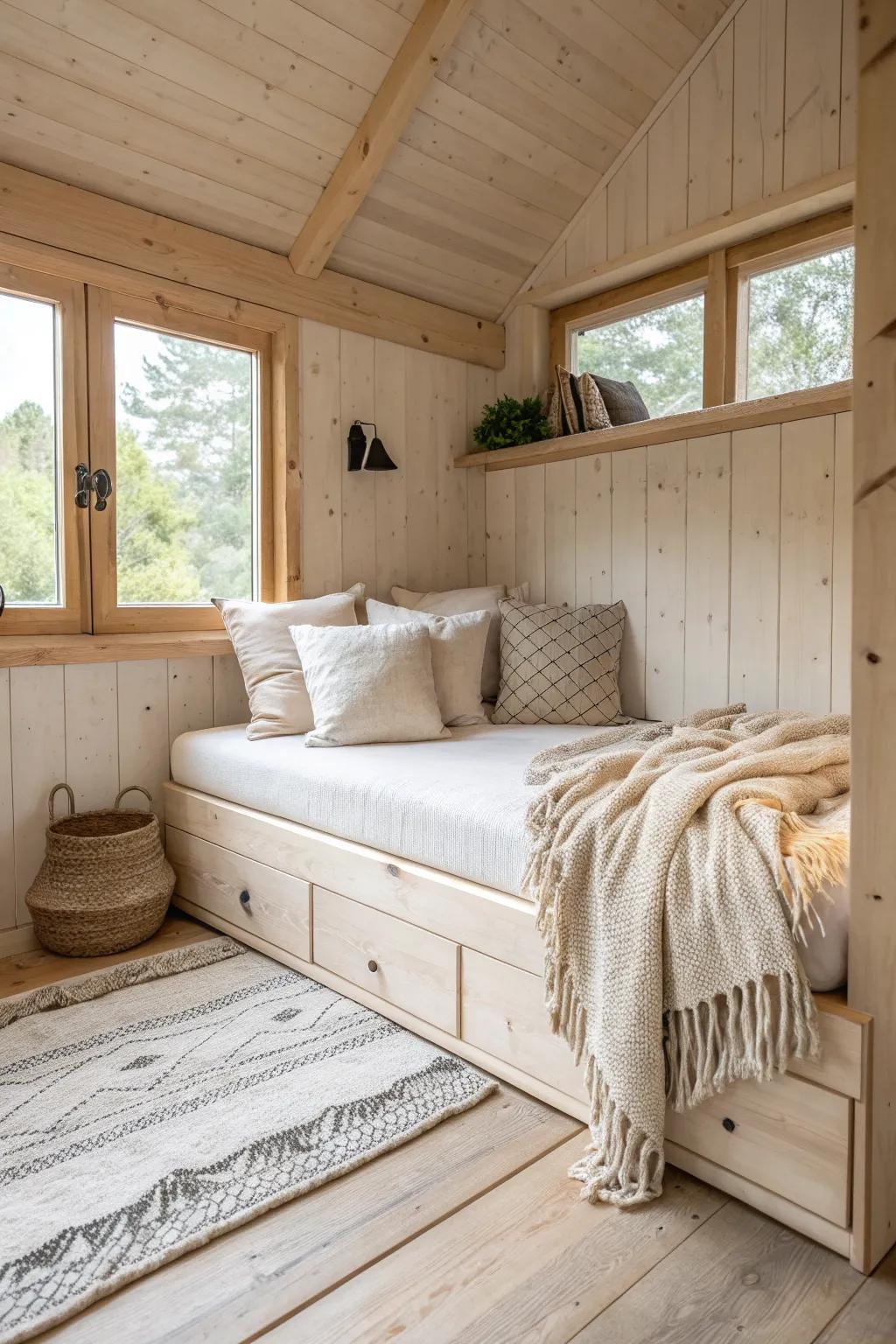 Built-in daybed with stackable pillows turns a tiny treehouse wall into sofa by day, bed by night.