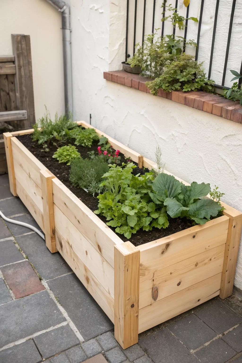 U-shaped raised bed layout: step into the center and harvest greens without extra pathways.