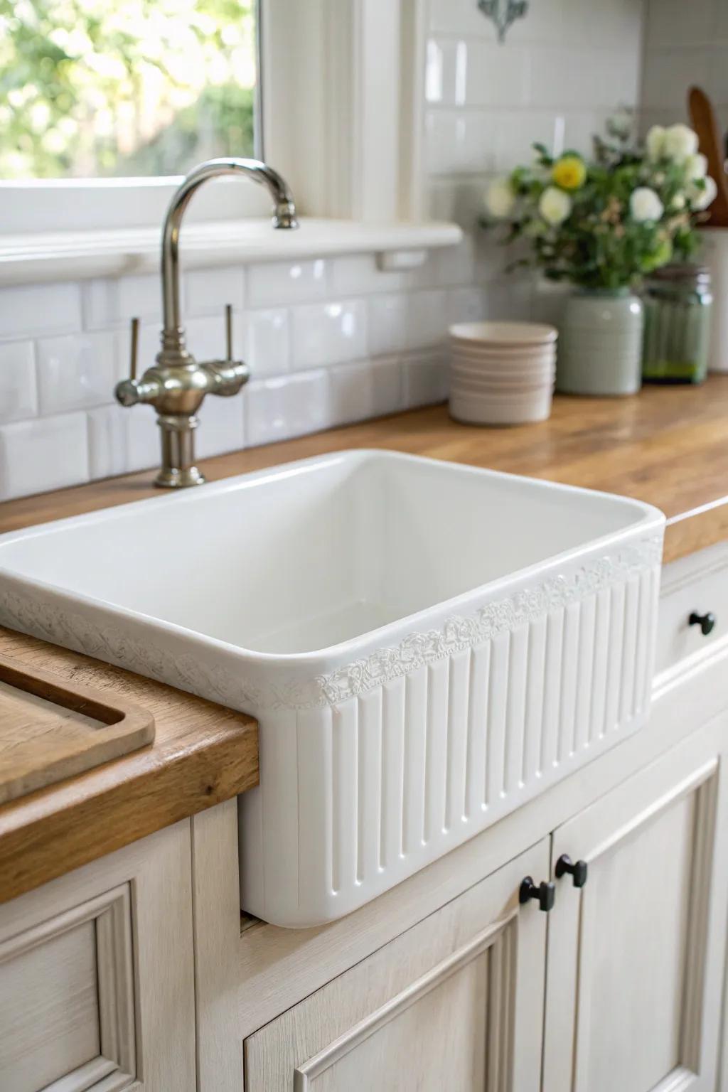 A crisp white apron-front sink brings Victorian charm and deep-basin practicality to tiny kitchens.