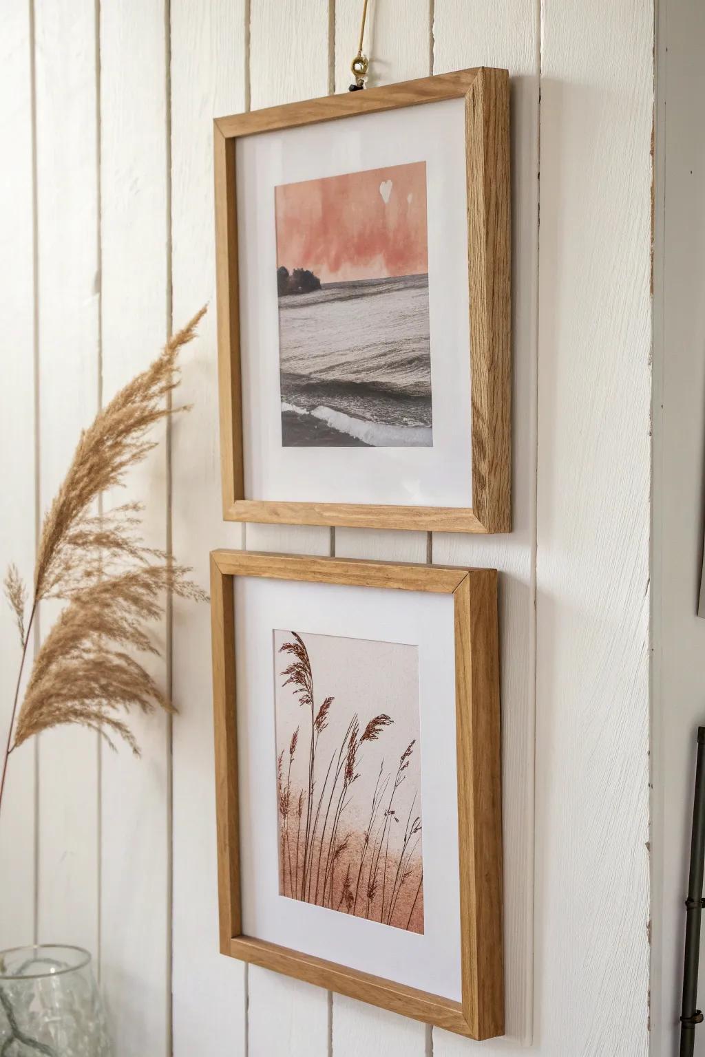 Fill a narrow wall with a vertical art stack: one photo + one abstract for a curated look.
