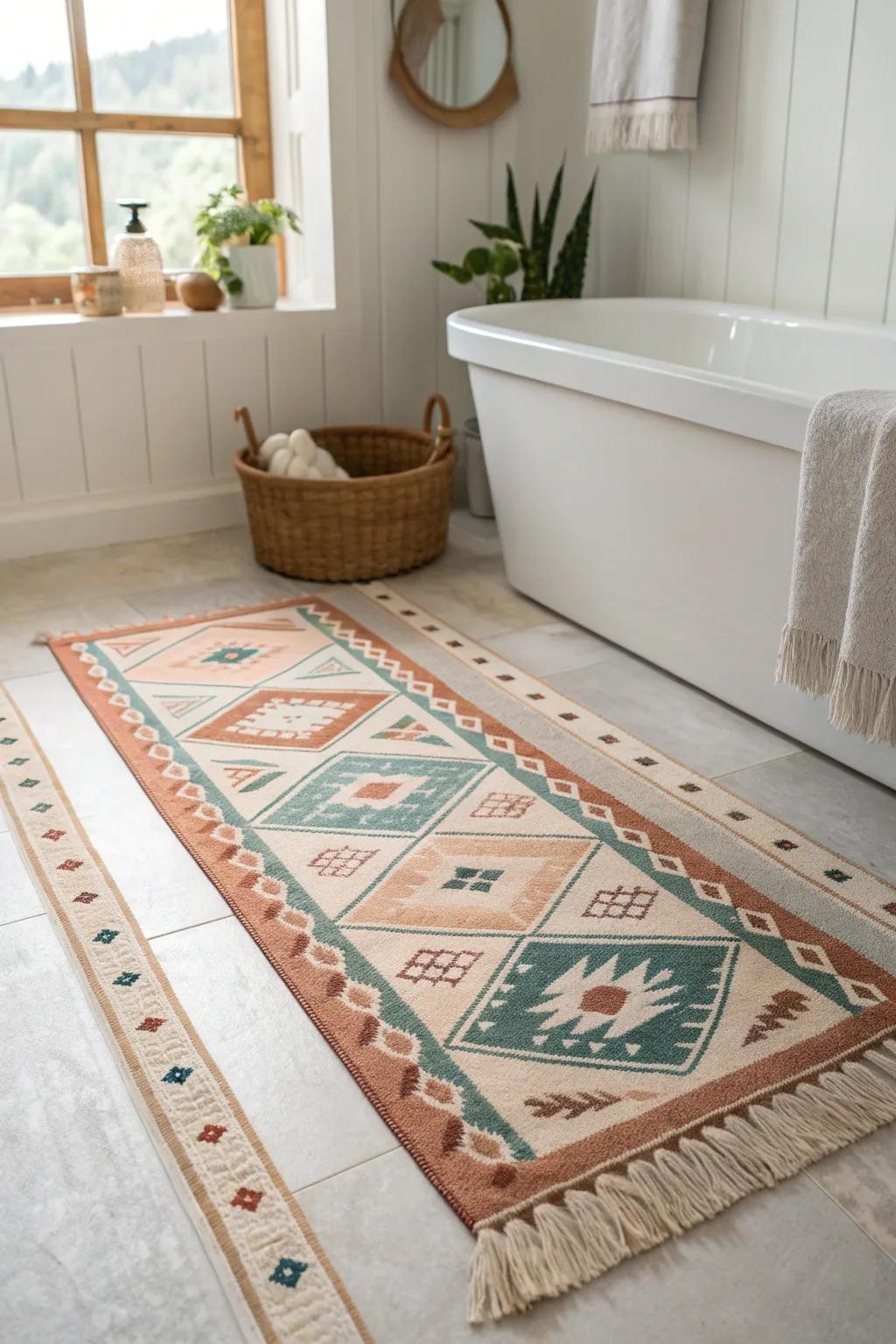 A narrow Southwestern rug runner adds color, hides drips, and visually lengthens a tiny bathroom.