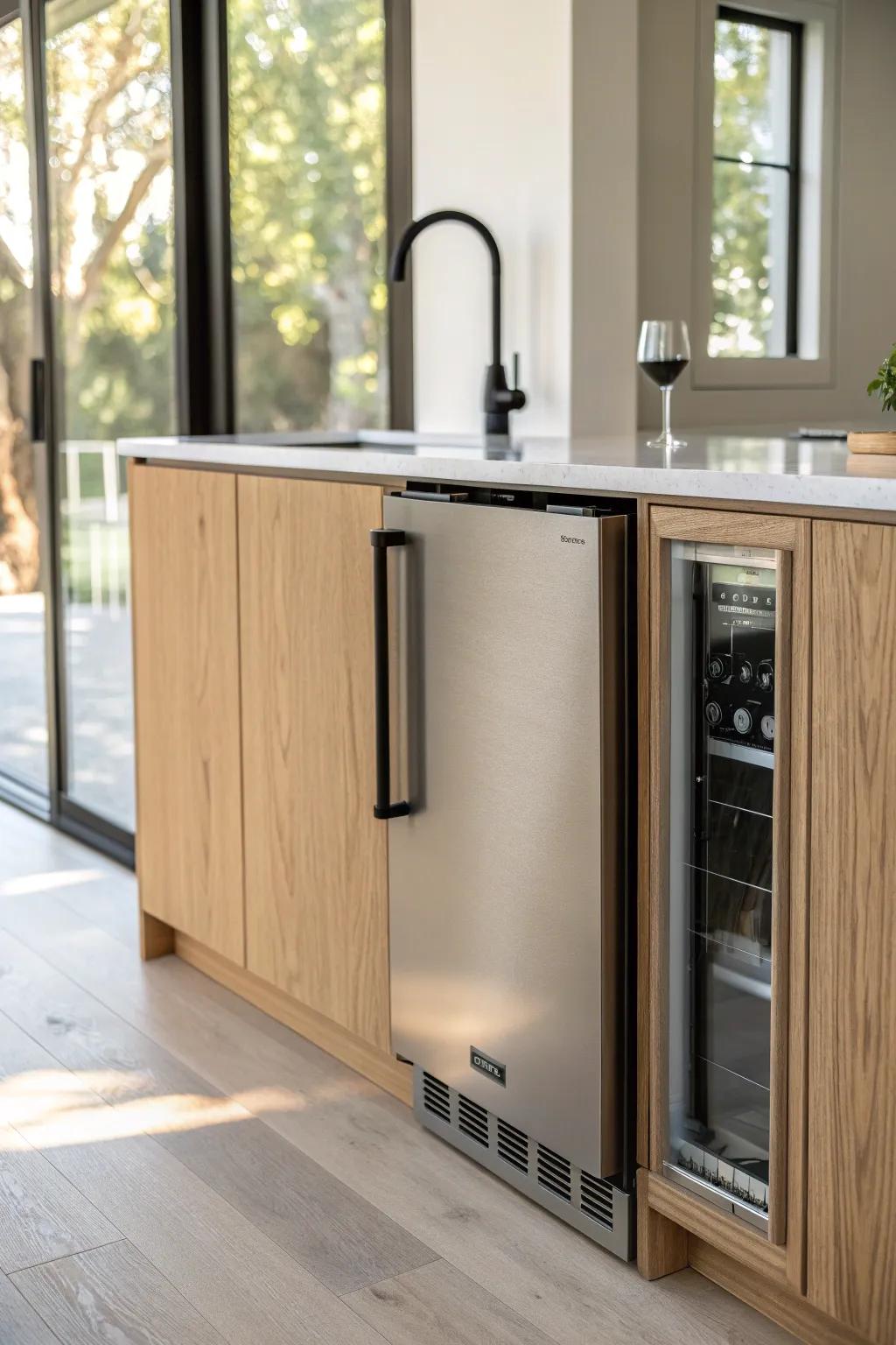 A sleek under-counter beverage fridge nook that keeps mixers close and counters beautifully clear.