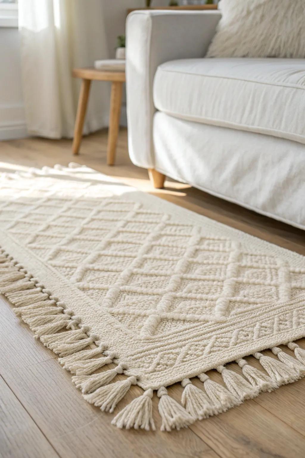A light neutral rug anchors a small white living room, defining the zone while keeping it airy.