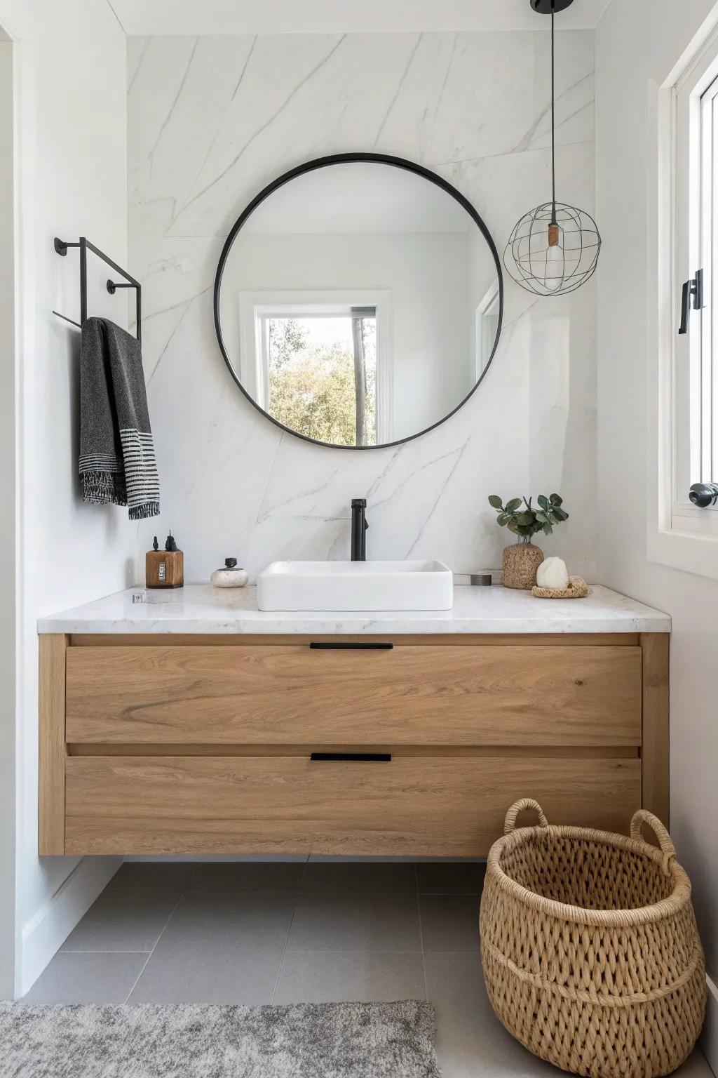 A floating vanity with a white marble top adds luxe hotel style while opening up floor space.