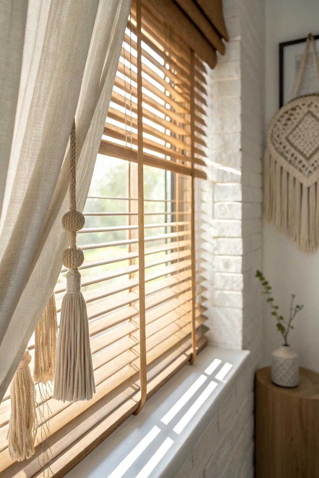 Warm oak wood blinds add cozy texture and instant style to a tiny bedroom window.