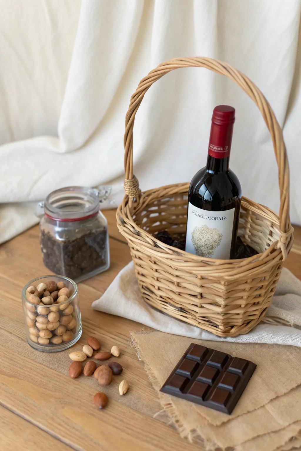 Sweet + salty in a tiny wine basket: salted nuts and dark chocolate look luxe without bulk.