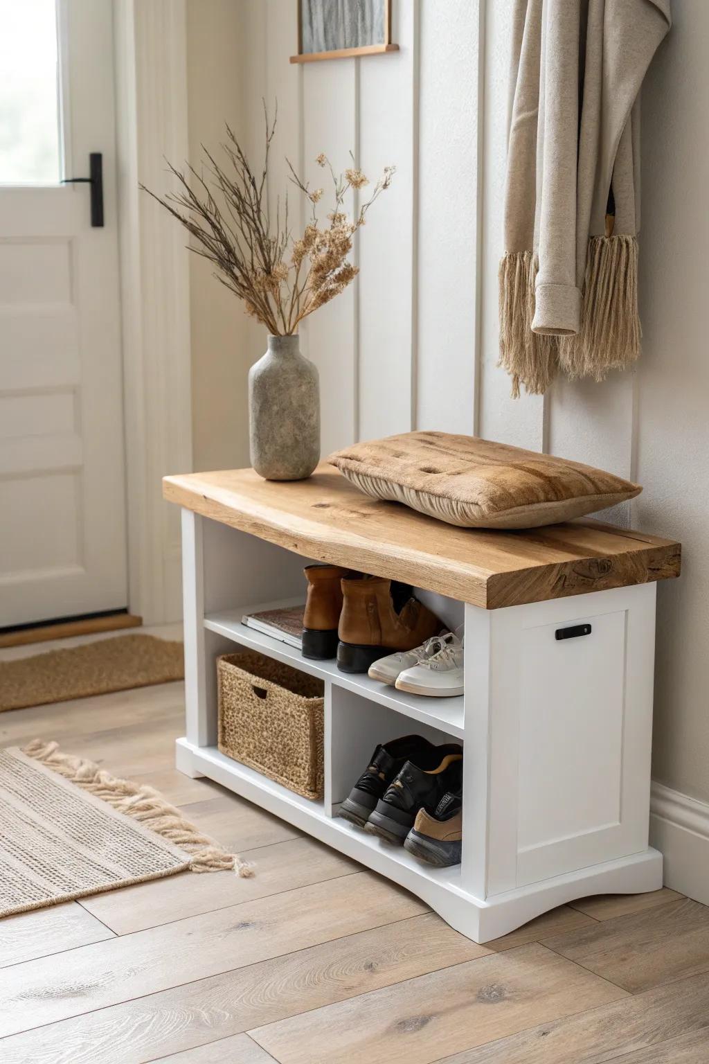 A compact live-edge slab bench that adds warmth and function to the smallest entryway.