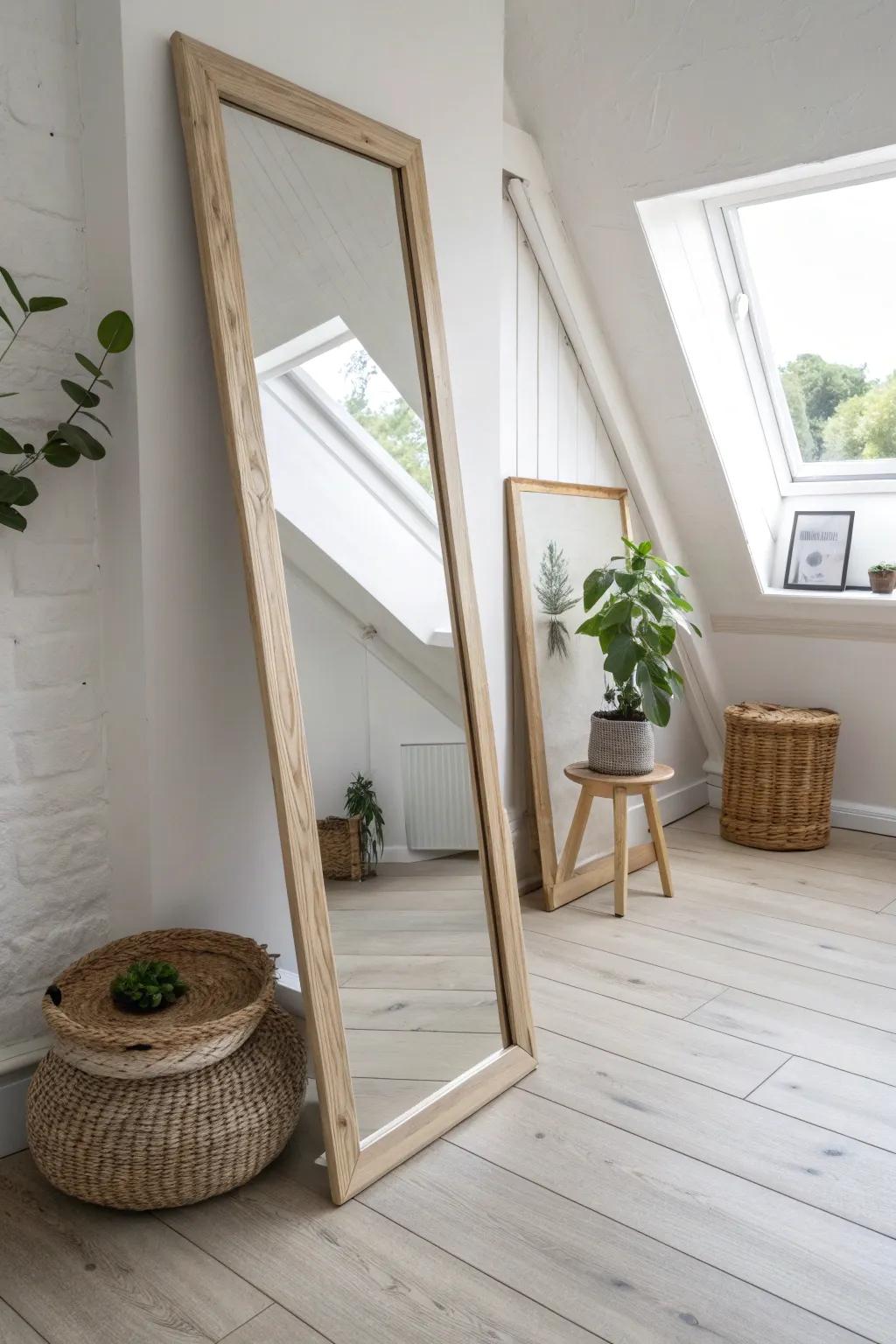 A leaning full-length mirror reflects light and space, making your small yoga room feel larger.
