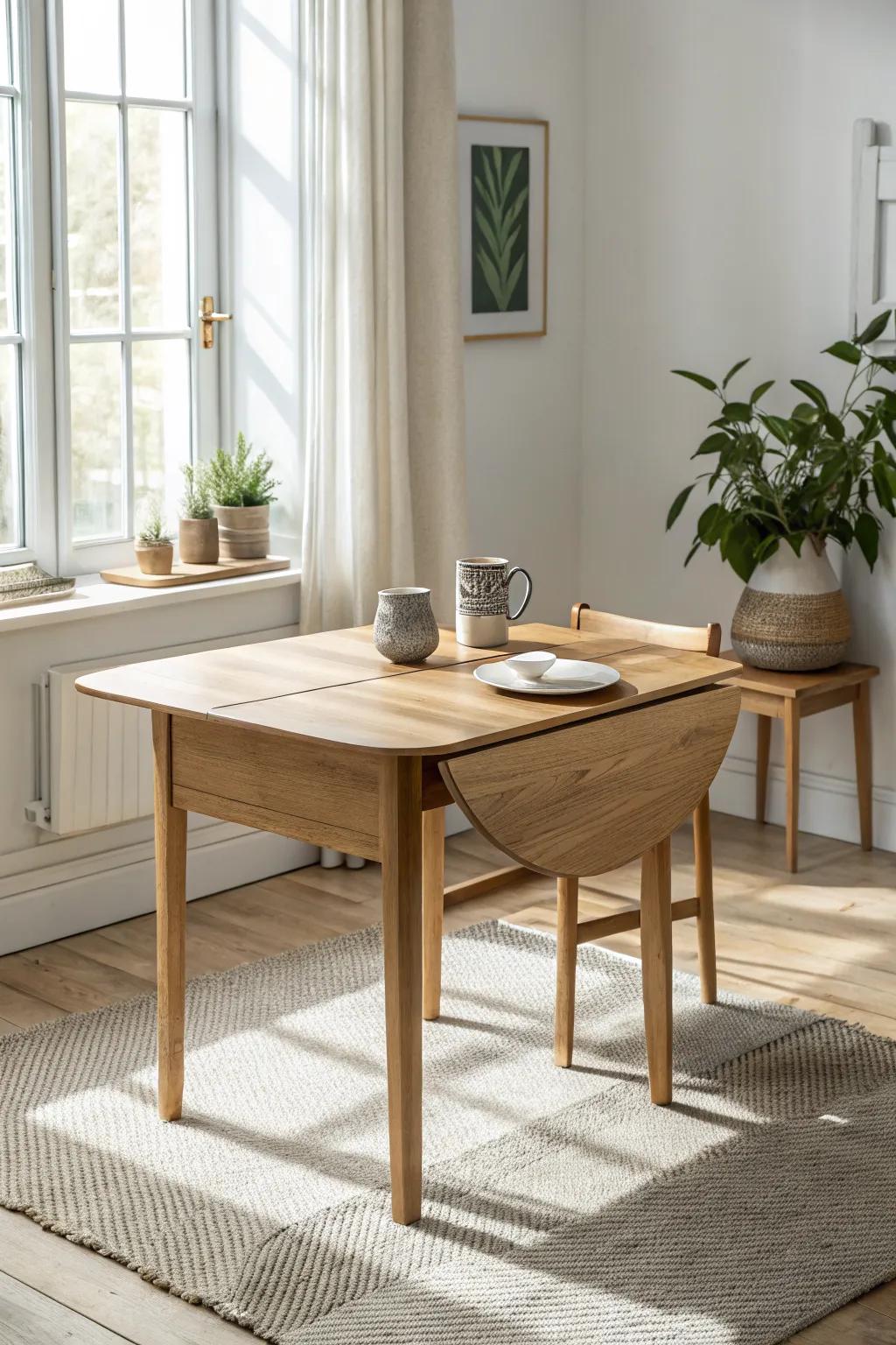 A drop-leaf table that folds away small, then opens up fast for cozy dinner parties.