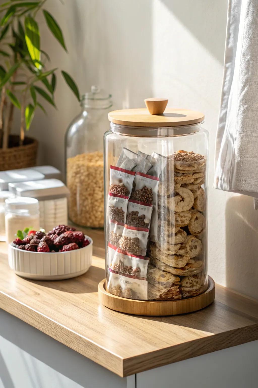 One big snack jar = pretty counter décor and instant grab‑and‑go treats without the clutter.