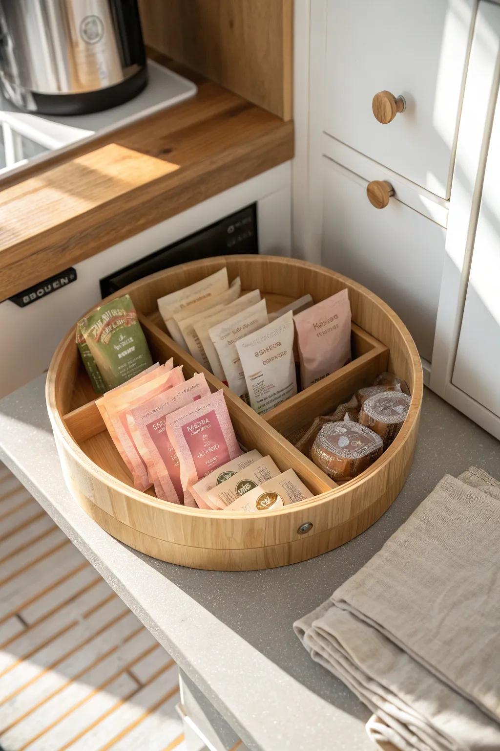 Spin your snacks forward—one bamboo lazy Susan keeps every mini bag easy to grab.