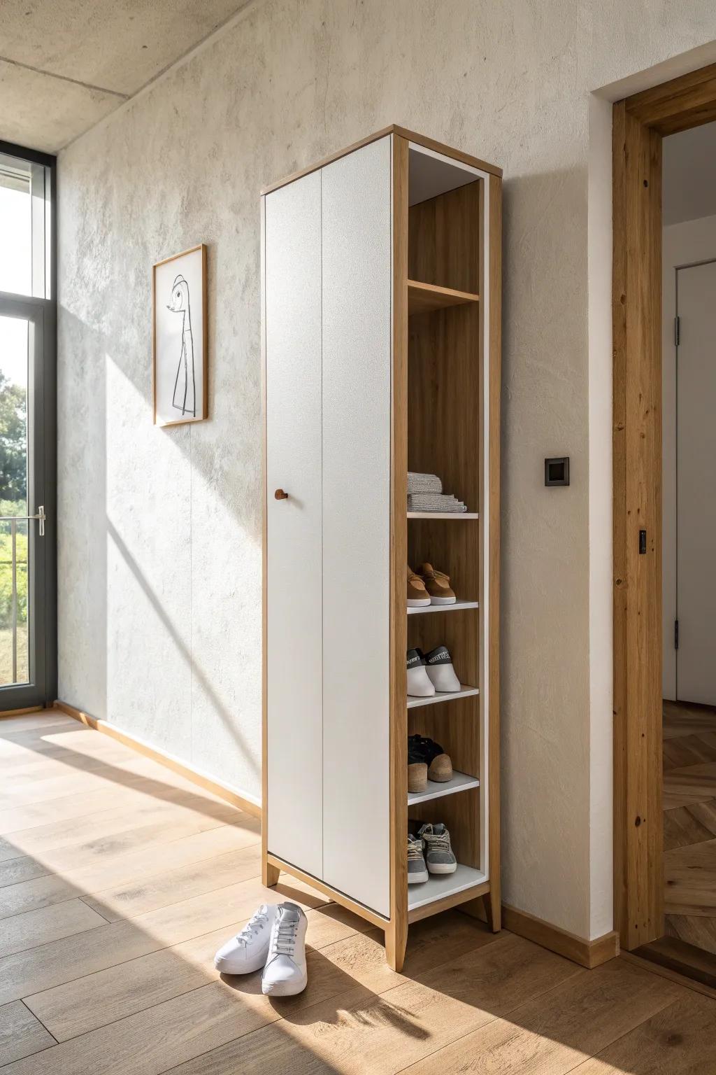 Slim shoe cabinet keeps sneakers tucked away—perfect for a narrow, clutter-free entryway.