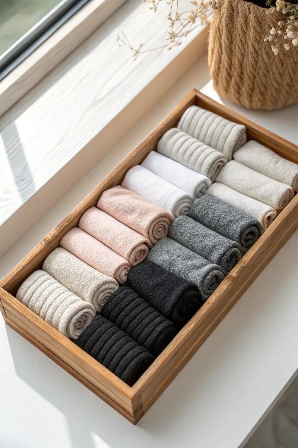 Color‑blocked sock rows in a bamboo insert—calm, minimalist, and instantly outfit‑ready.