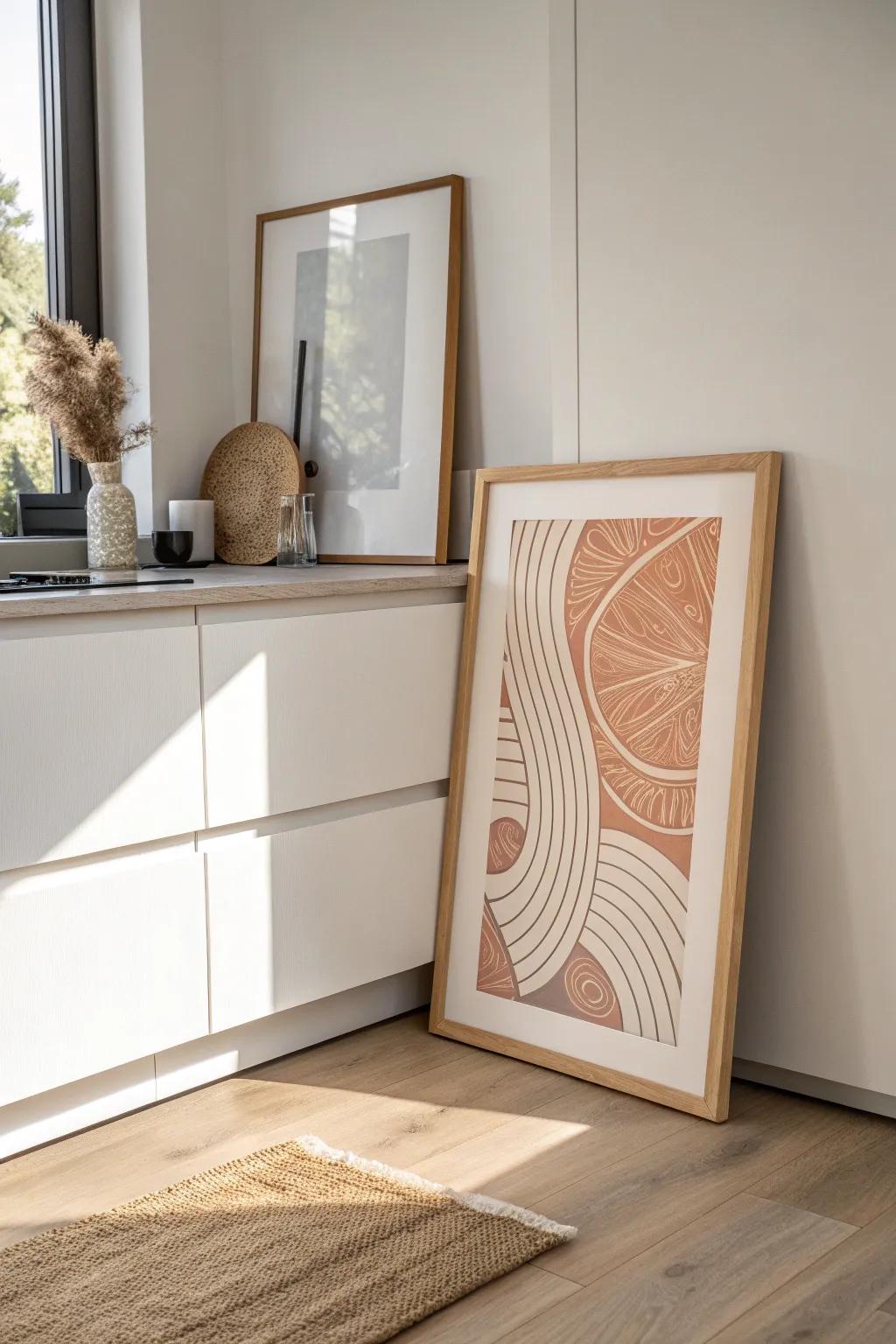 Lean one oversized frame above cabinets to add instant height—renter-friendly and chic.