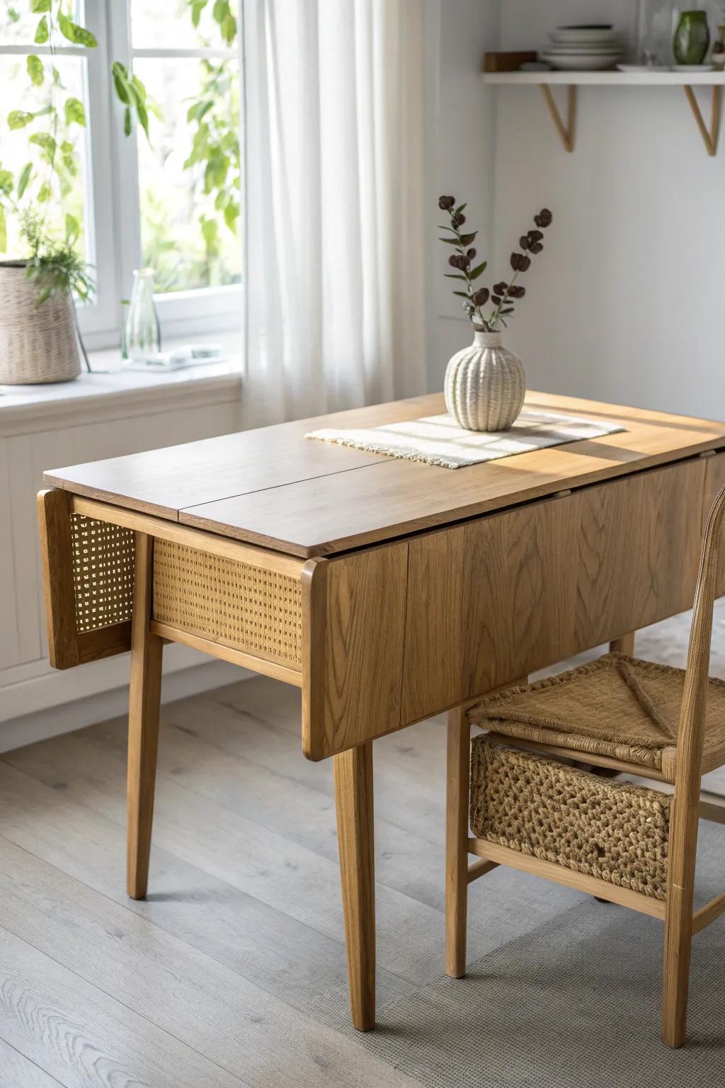 A slim drop-leaf table that folds down after meals—real dining space without the footprint.