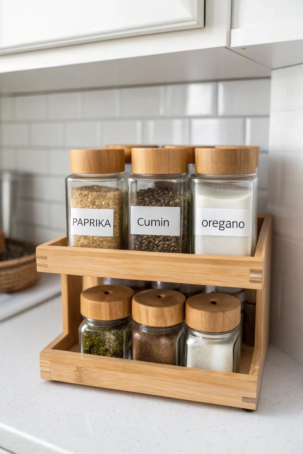 A tiered cabinet spice riser that lifts every jar into view—no more “back row black hole.”