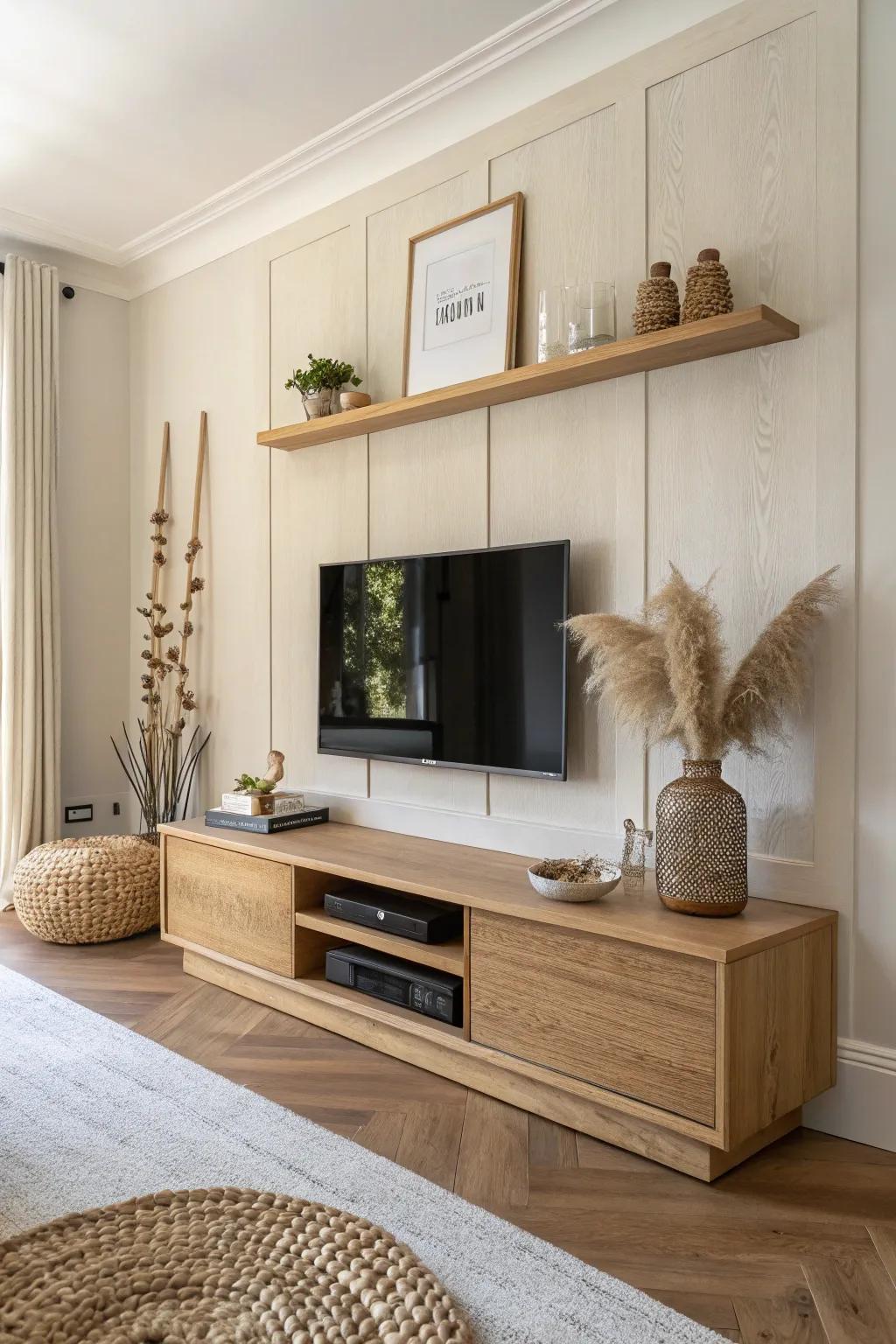 A perfectly centered TV wall that instantly makes a square living room feel calm and balanced.