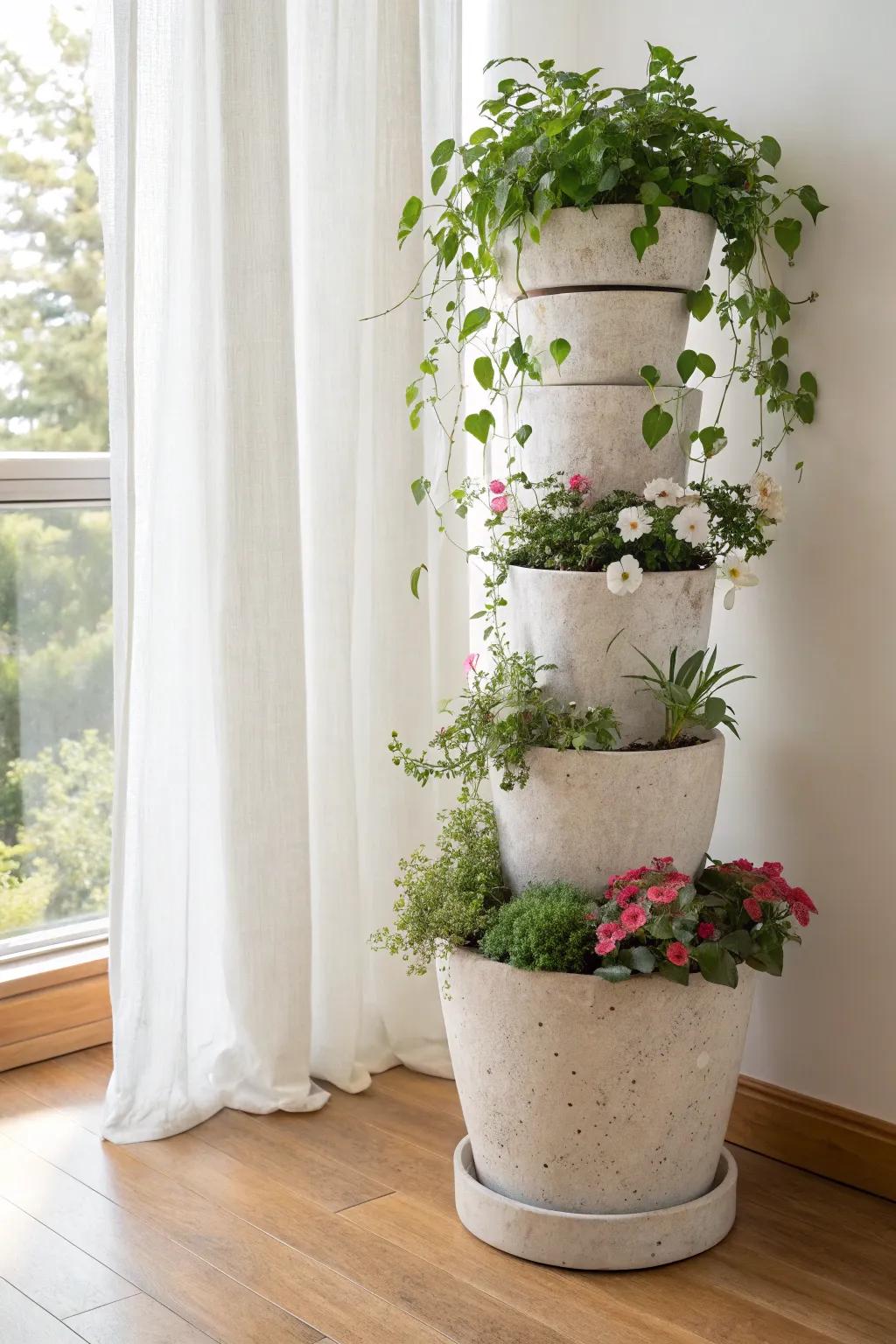Create a cascading flower “spill” with a slim stackable planter tower—perfect for small spaces.