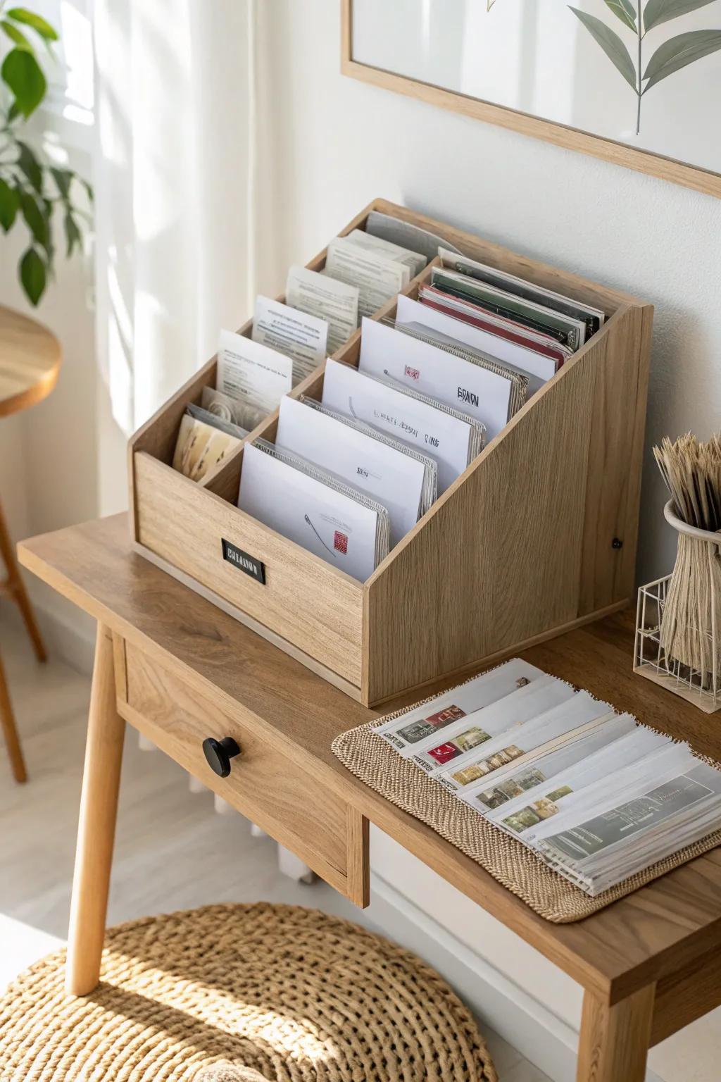 Clear zipper pouches in a desktop file sorter—tiny-desk sticker storage that stays sleek.