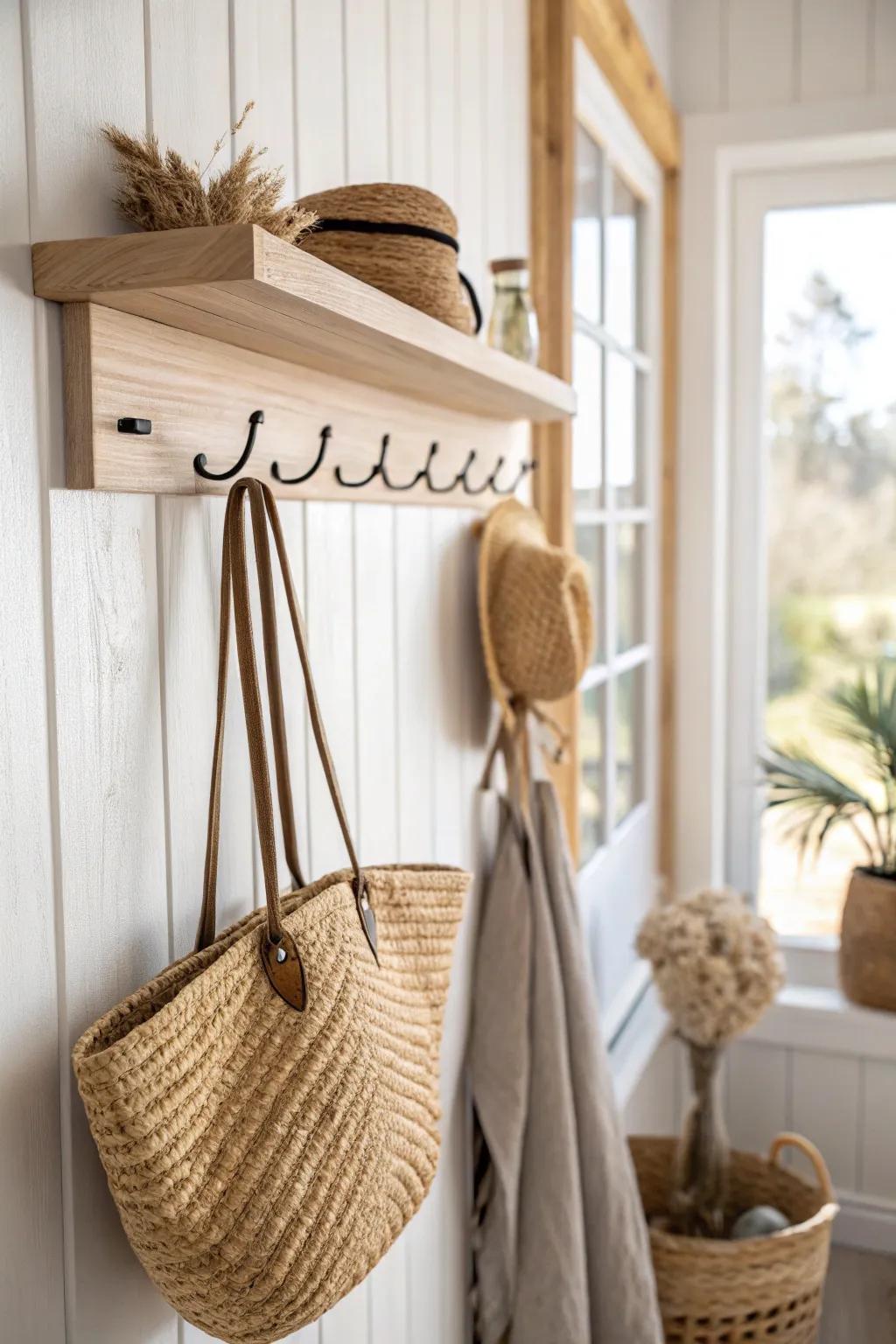 Turn unused under-shelf space into a chic “parking spot” for your favorite purse.