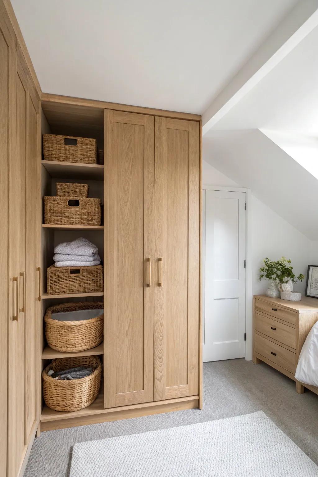 A floor-to-ceiling wardrobe uses every inch of height—perfect for out-of-season storage in small bedrooms.