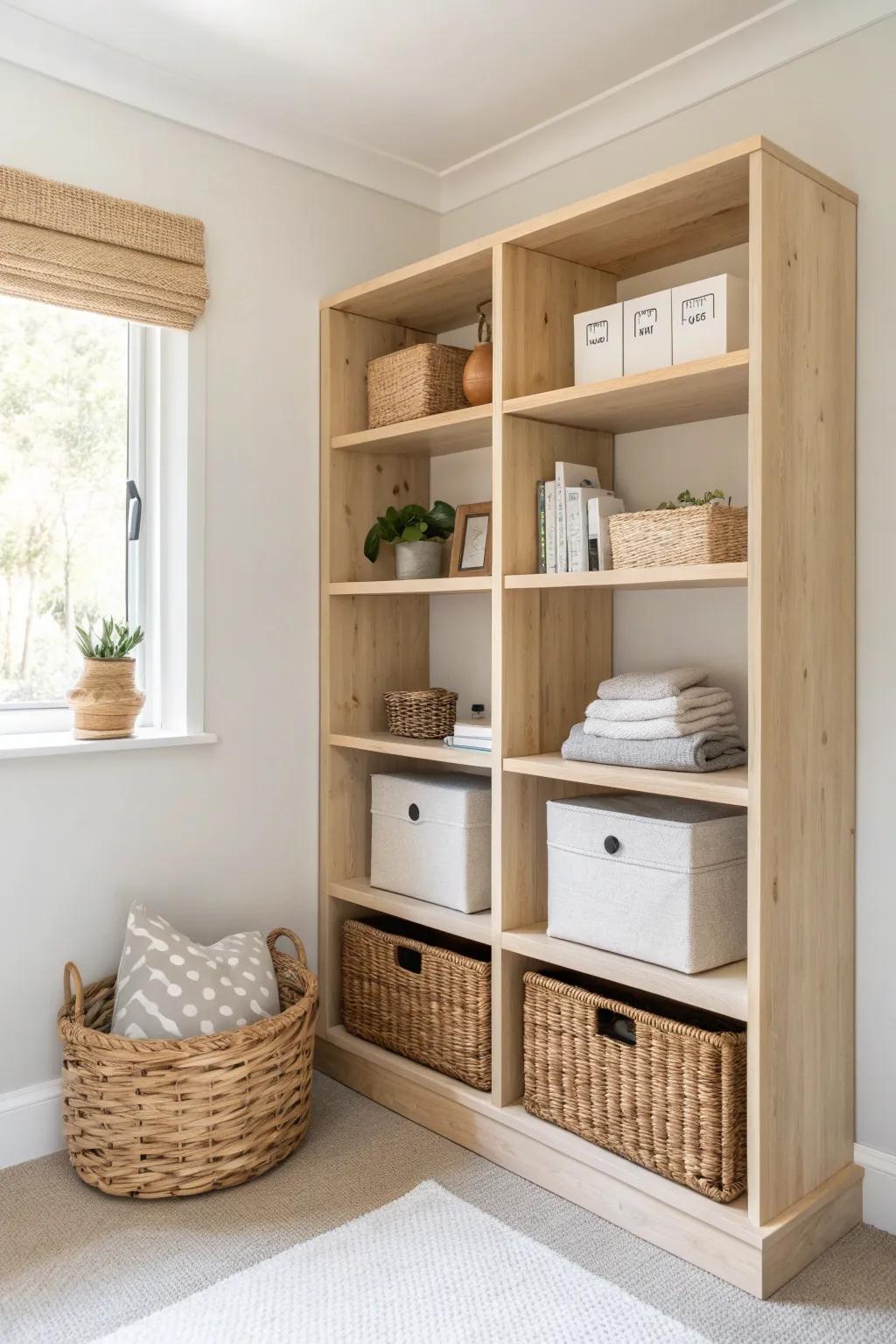 L-shaped corner shelves turn dead space into a bright, airy storage zone with room to breathe.