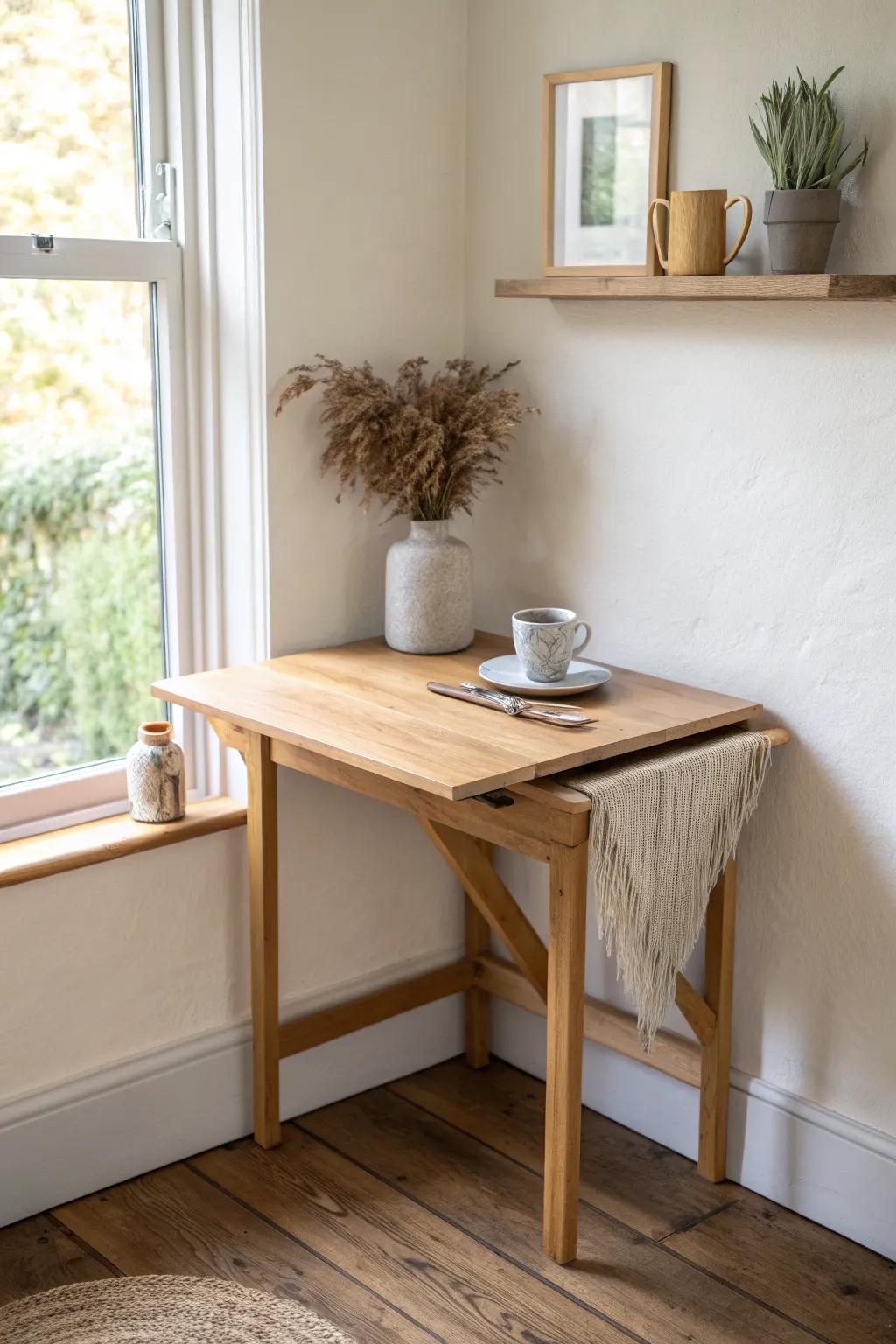 A wall-hugging drop-leaf table creates a real dining spot—then folds away for more floor space.