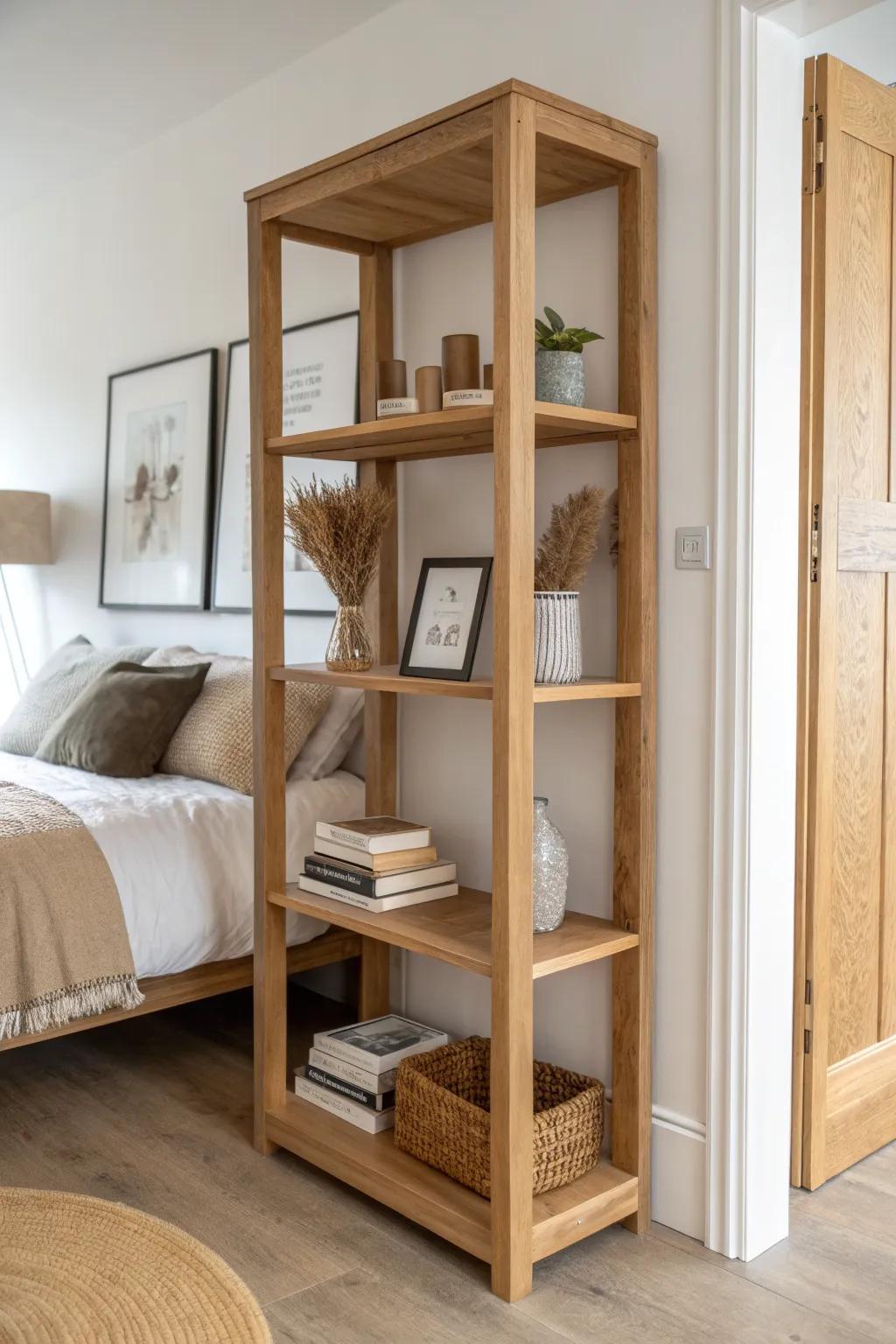 Open bookcase divider beside the bed—instant mini bedroom feel with storage in a studio.