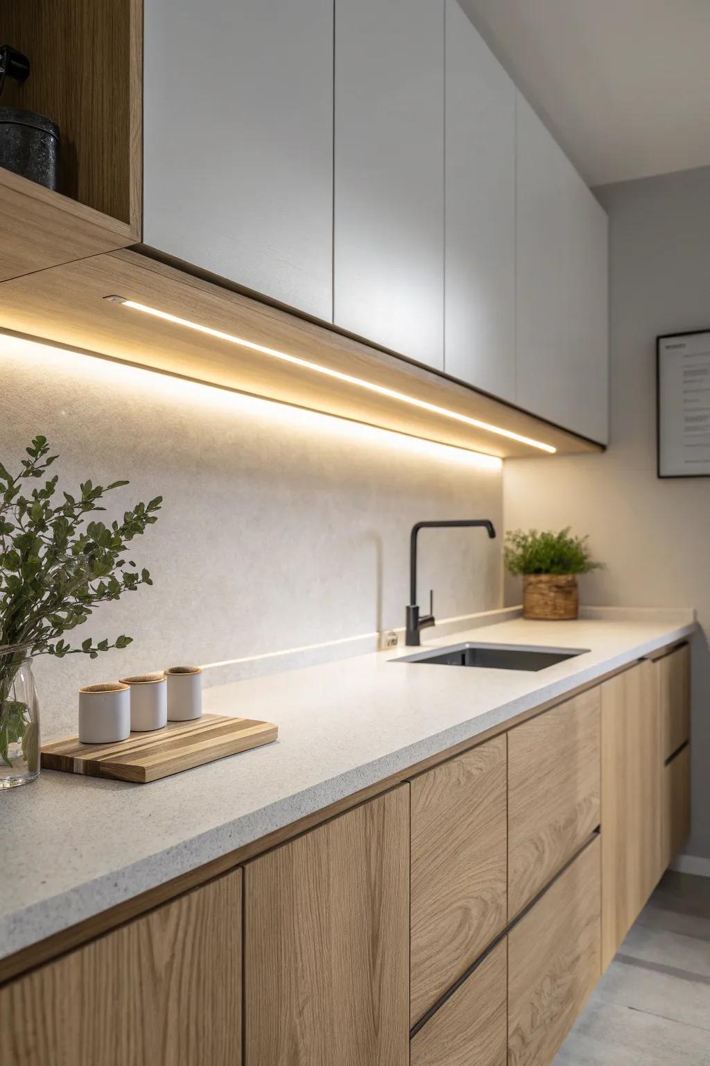 Warm under-cabinet lighting that brightens prep space and adds a cozy evening glow.