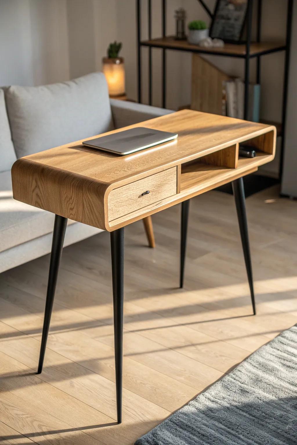 A slim oak desk in the same finish as your coffee table keeps the living room looking curated.