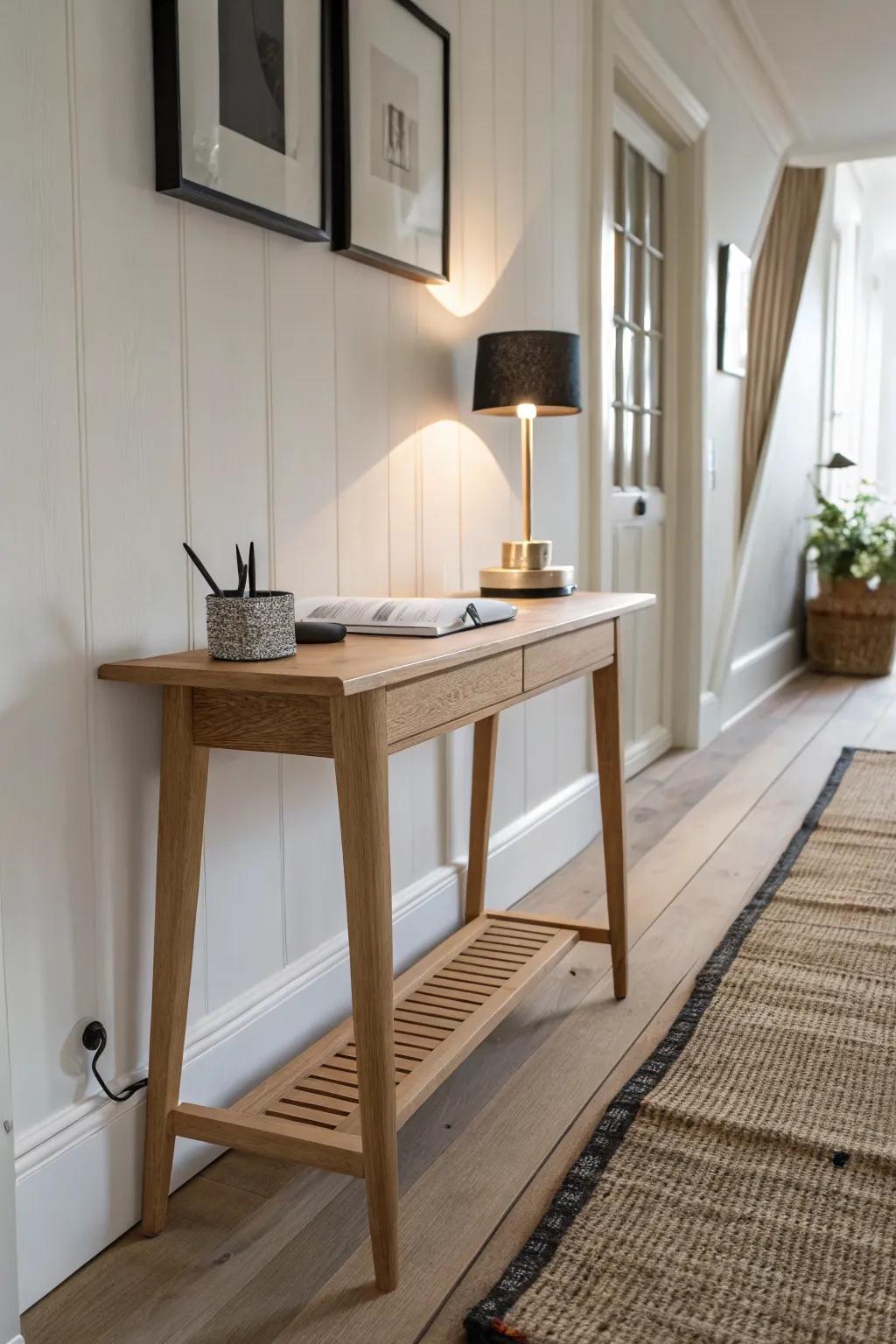 A slim hallway console becomes a calm study nook—add a runner rug and warm sconce light.